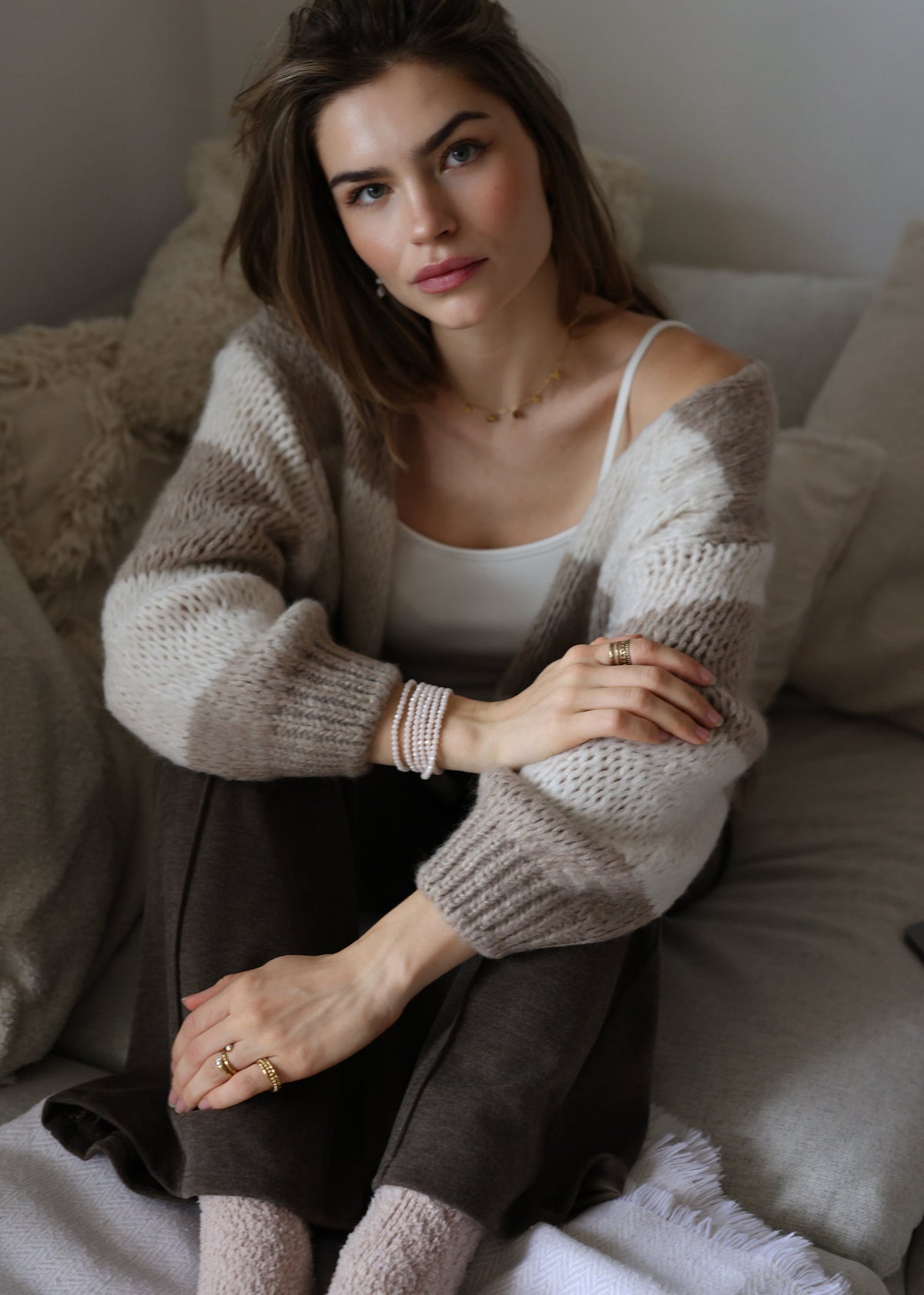 Gestreifter oversize Cardigan - taupe