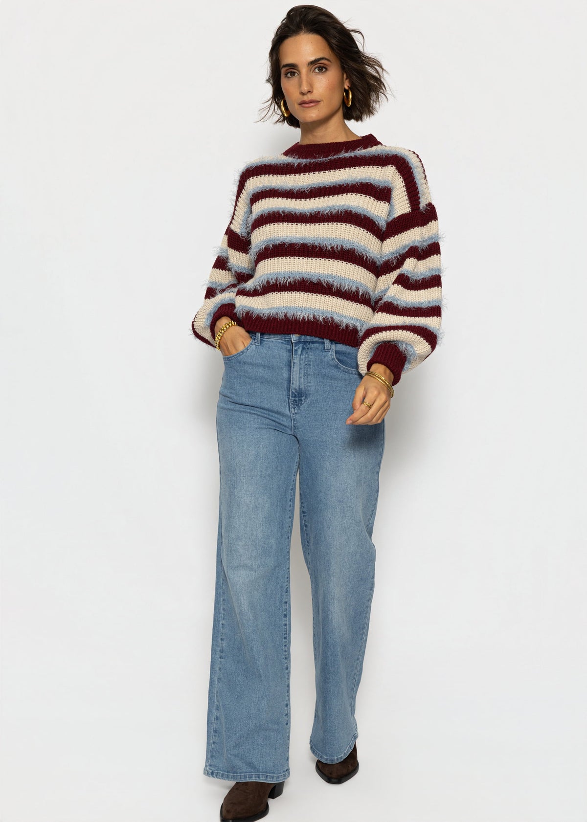 Gestreifter Oversize Pullover - burgundy-beige