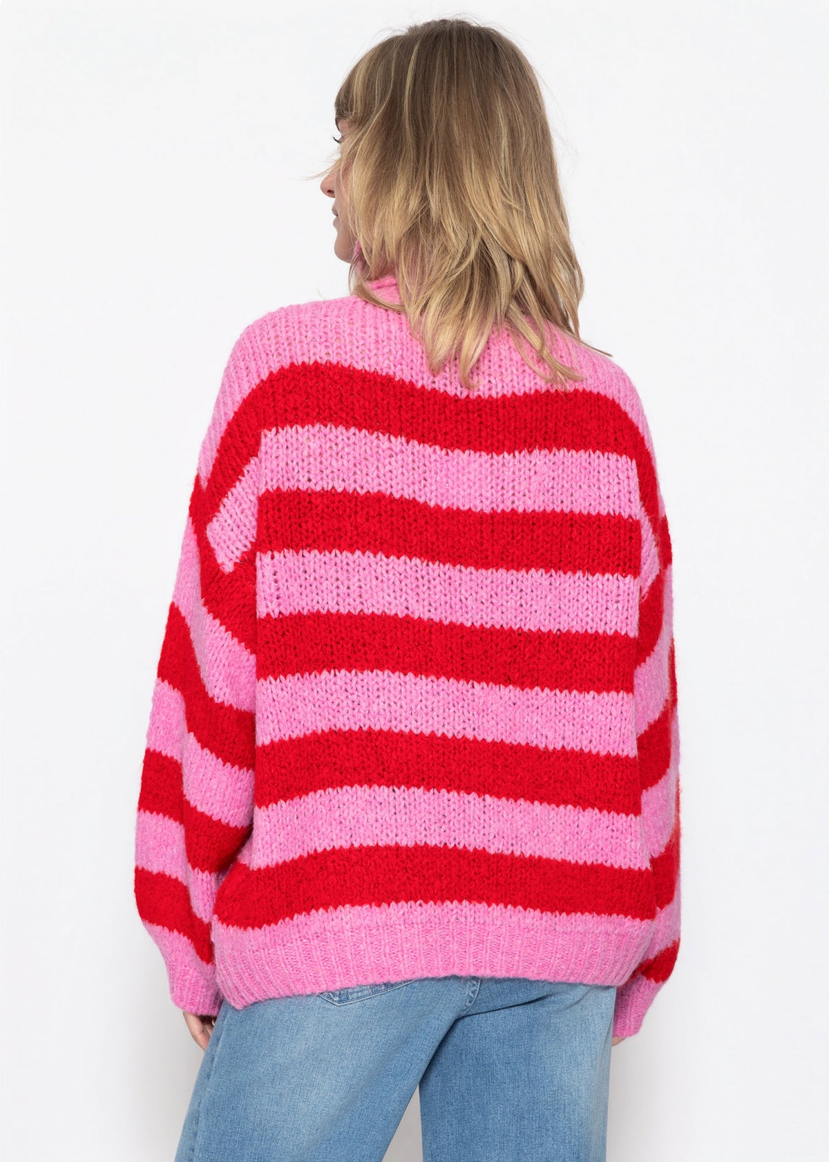 Gestreifter oversize Rollkragenpullover - rot-rosa