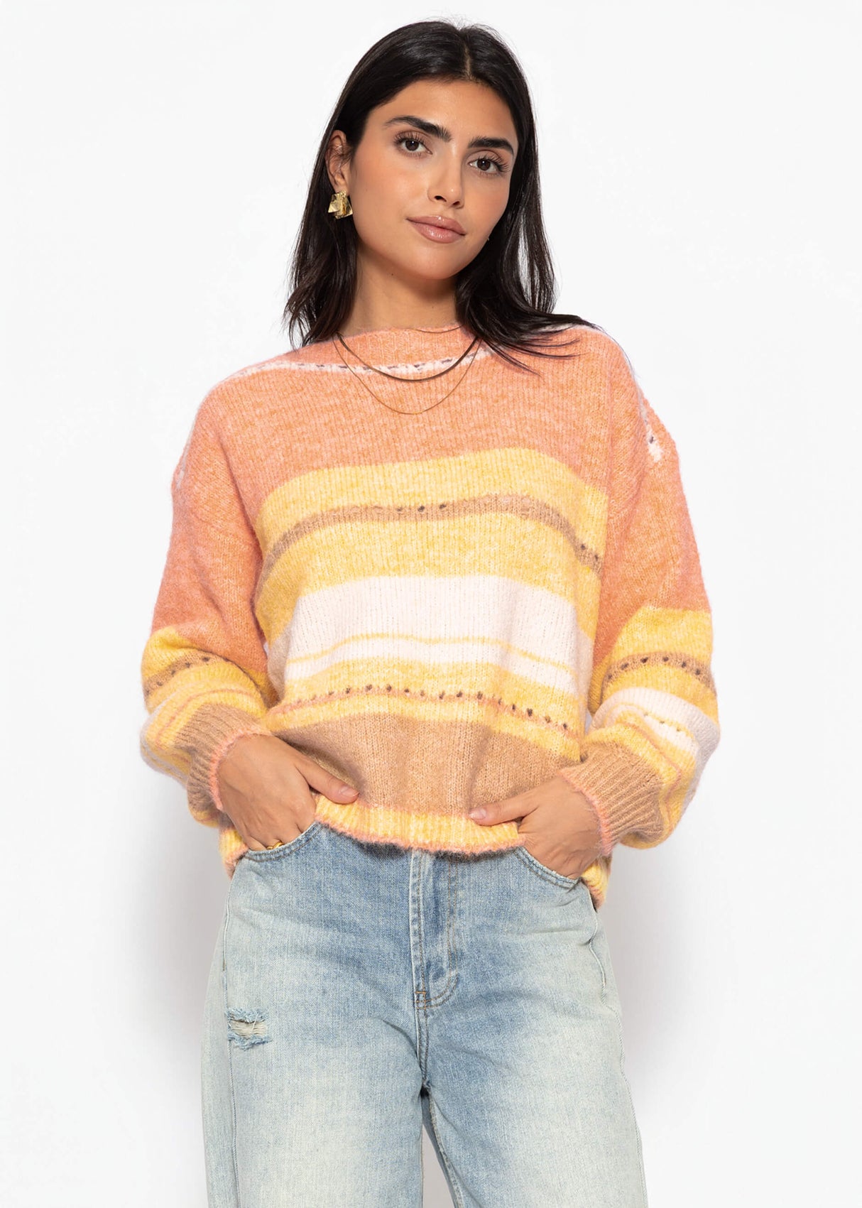 Gestreifter Pullover mit Loch-Strickmuster - gelb