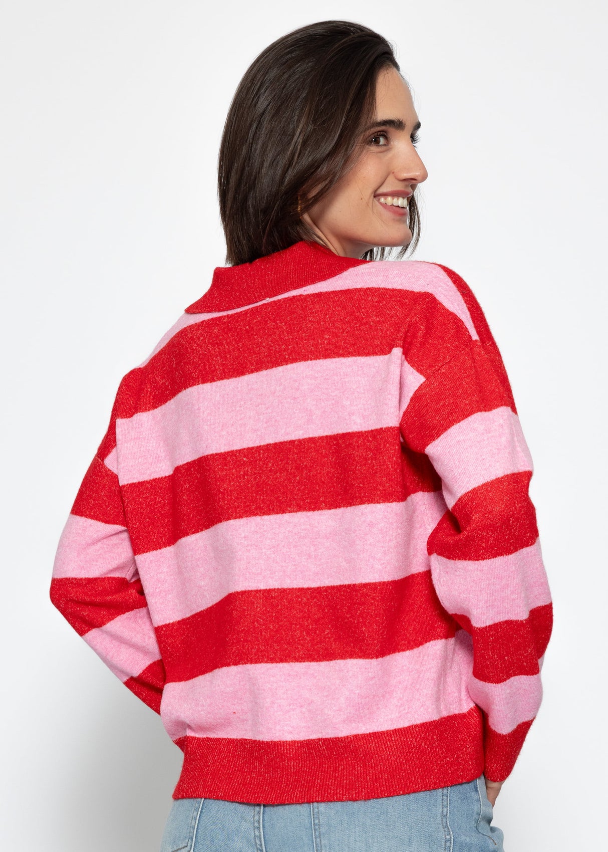 Striped polo-collar sweater - pink-red