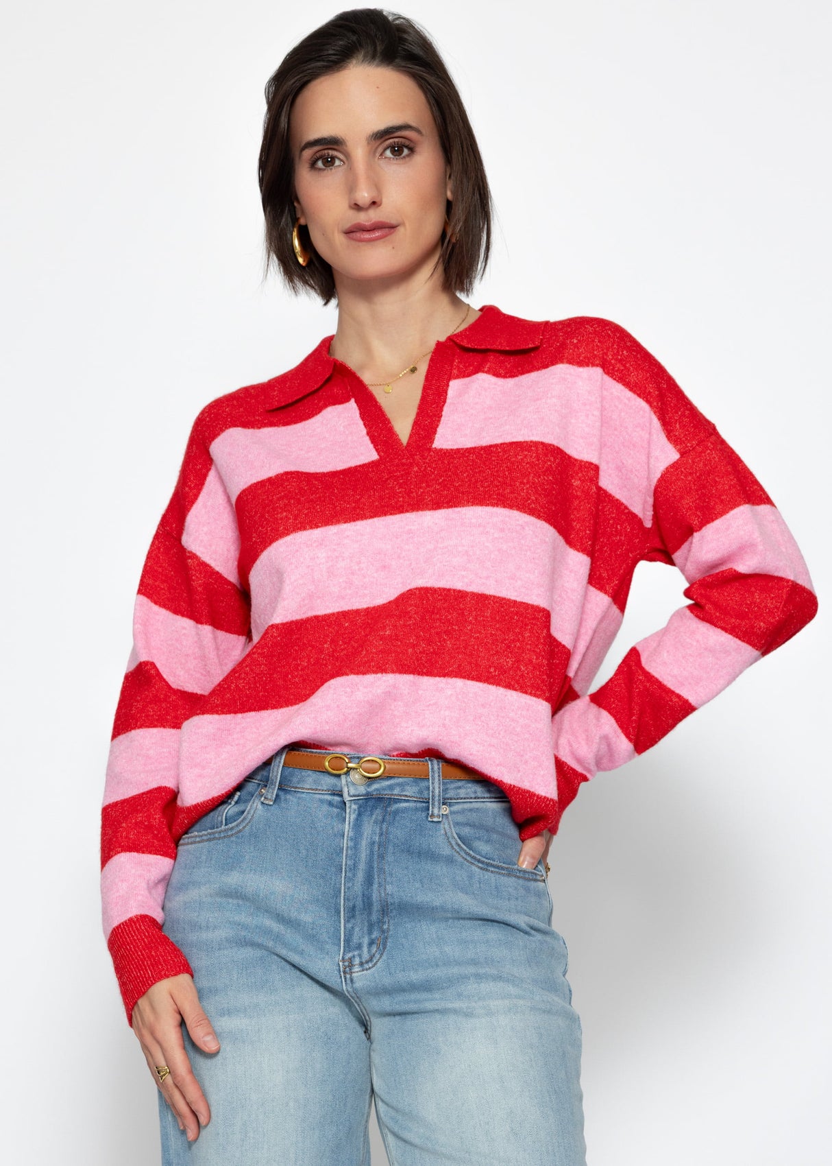 Striped polo-collar sweater - pink-red