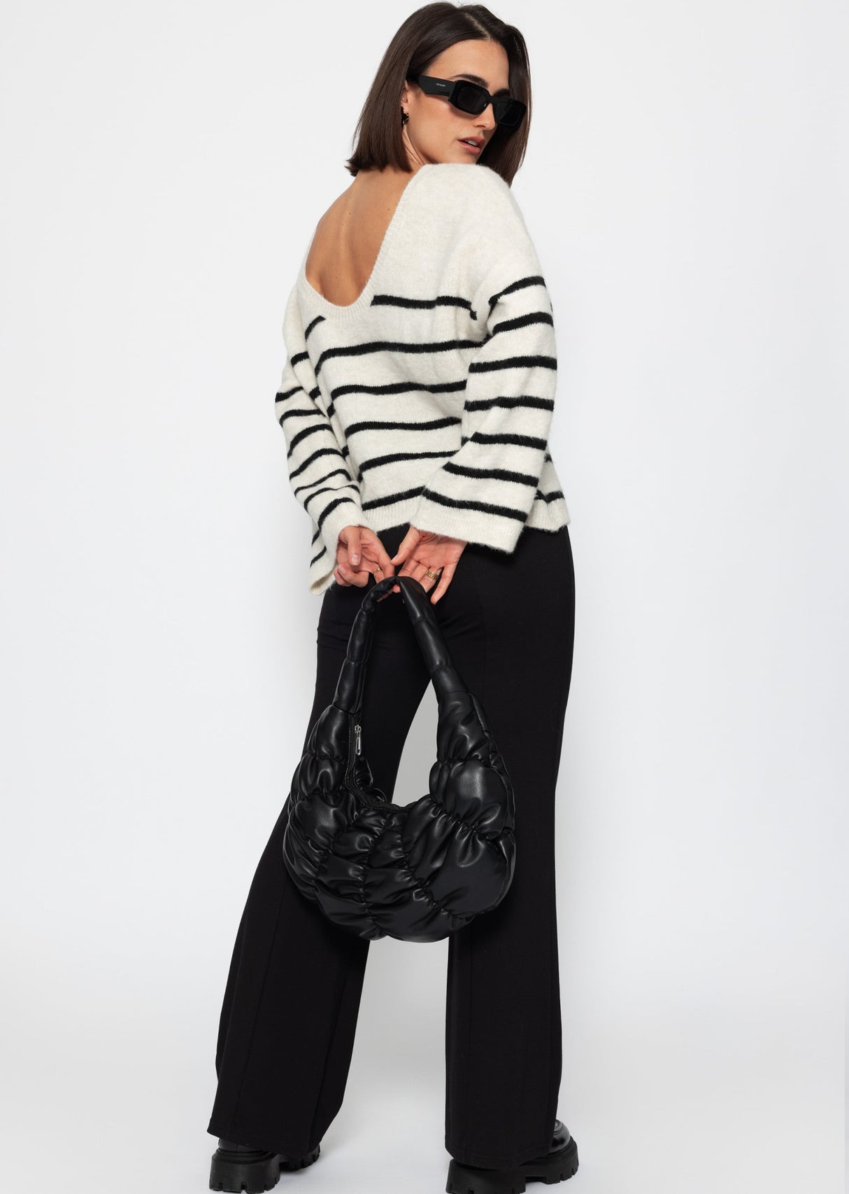 Striped sweater with low back neckline - off-white