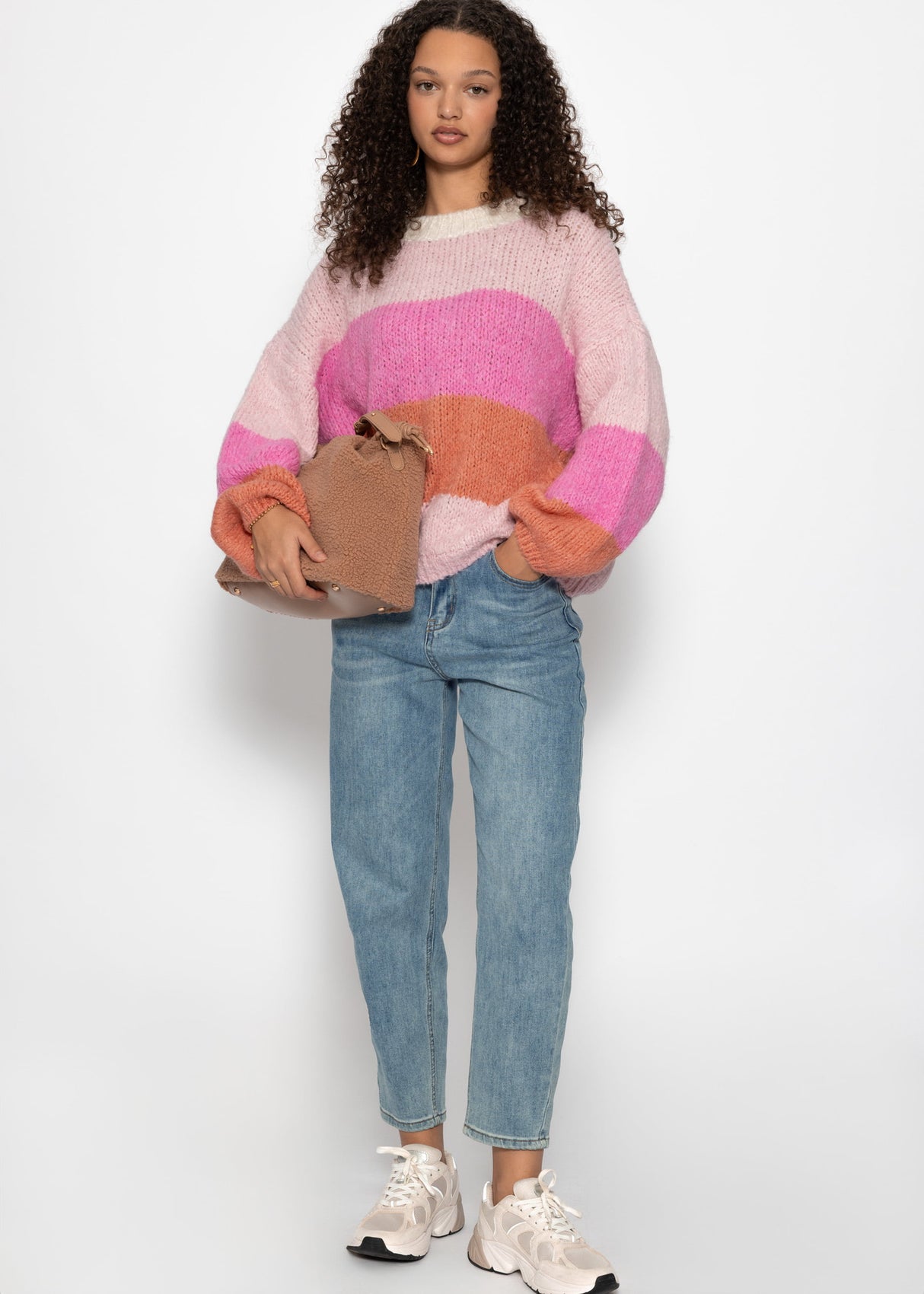 Gestreifter Strickpullover - rosa-peach