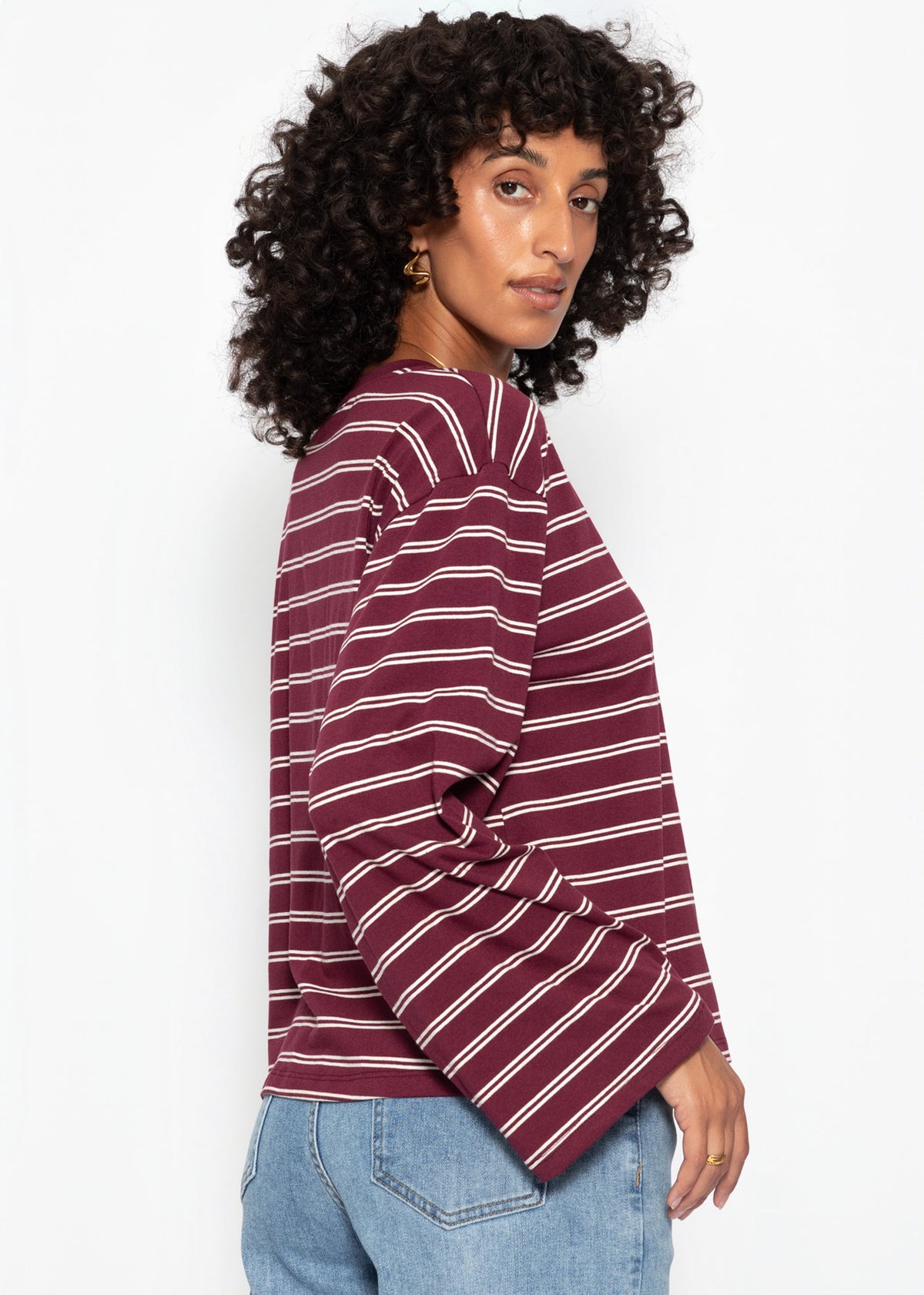 Gestreiftes Langarmshirt mit weiten Ärmeln - burgundy