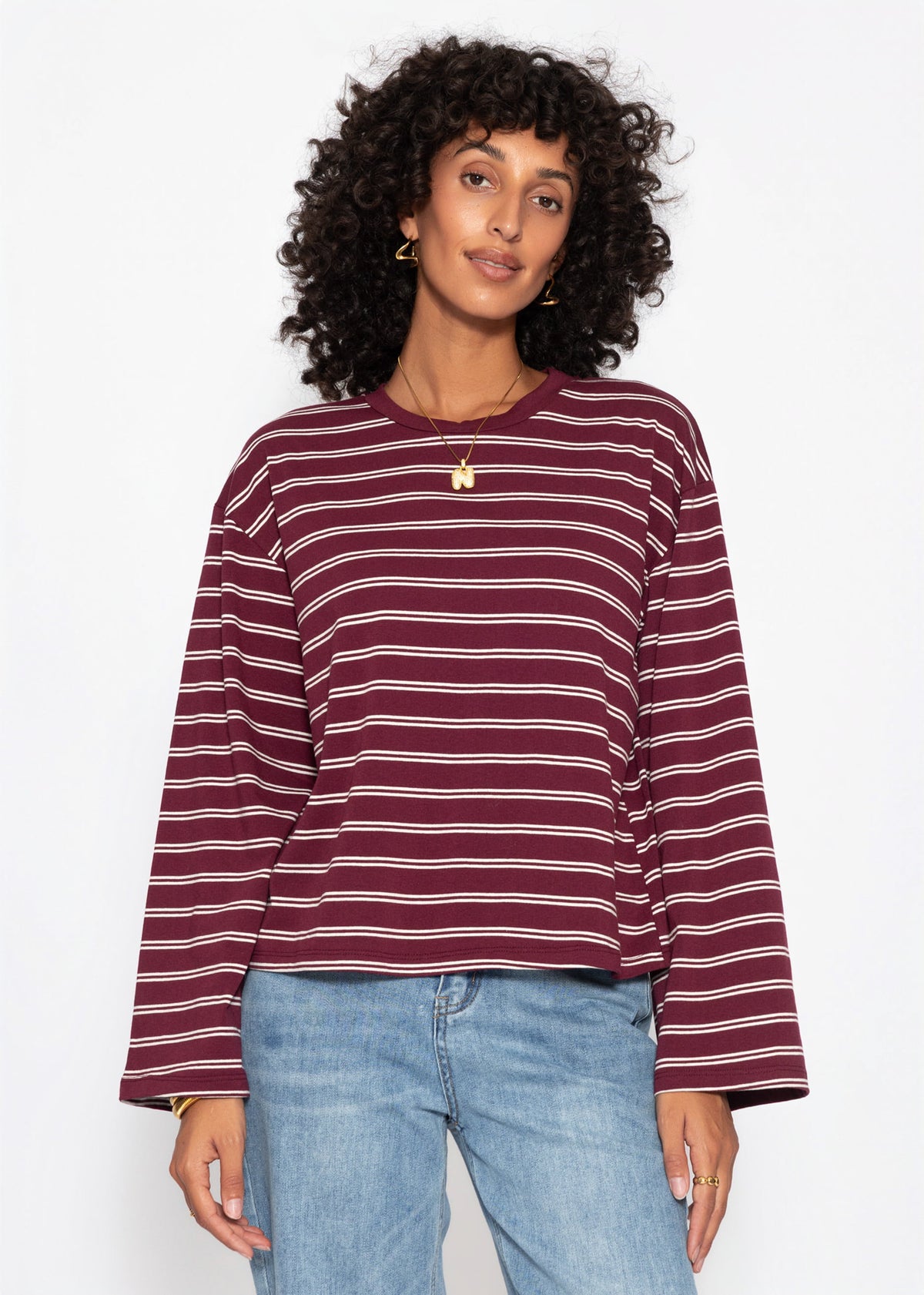 Gestreiftes Langarmshirt mit weiten Ärmeln - burgundy