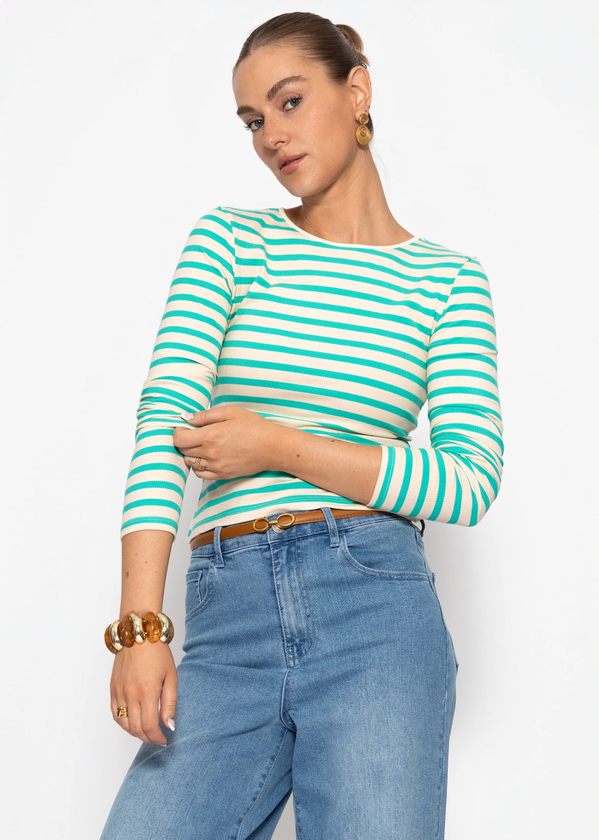 Gestreiftes Langarmshirt - türkis-weiß