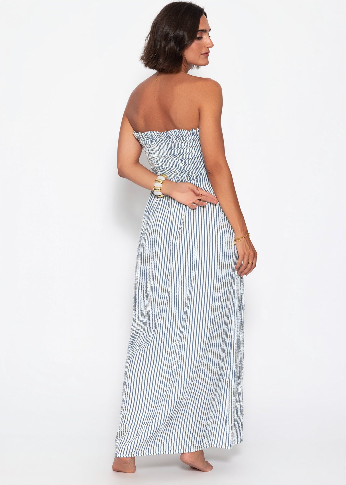 Gestreiftes Maxi Musselin Bandeau Kleid - blau-weiß