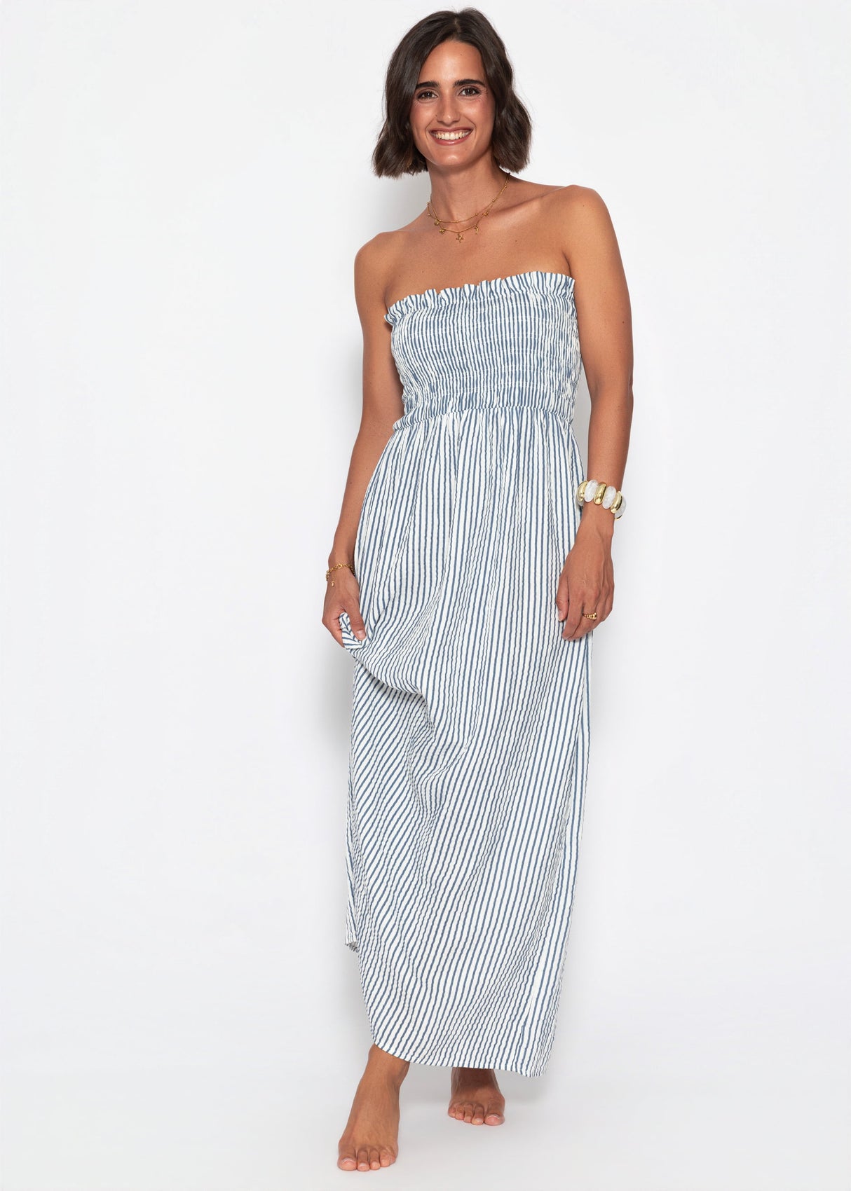 Gestreiftes Maxi Musselin Bandeau Kleid - blau-weiß