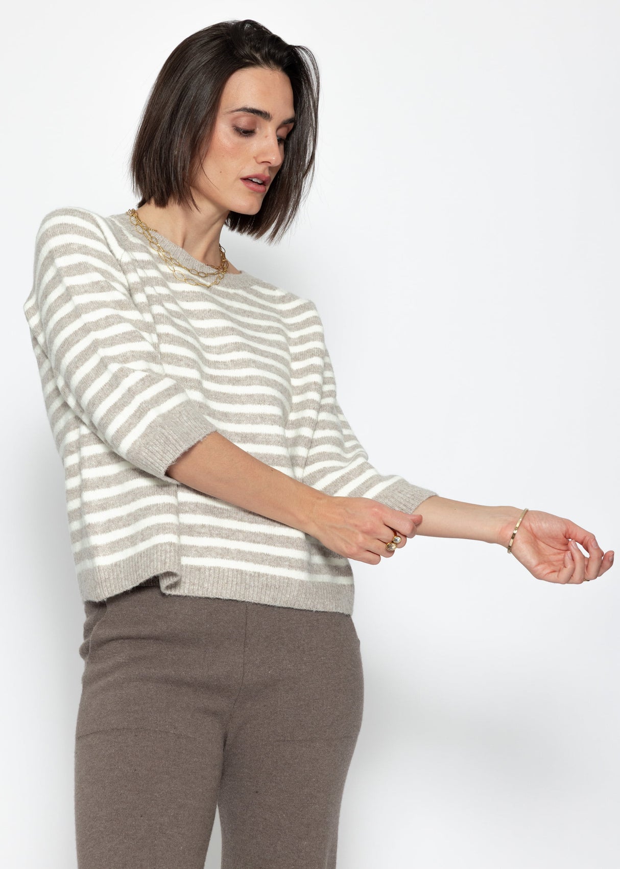 Gestreiftes Strickoberteil - taupe-offwhite