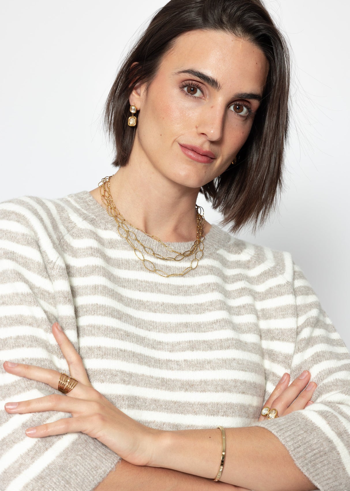 Gestreiftes Strickoberteil - taupe-offwhite