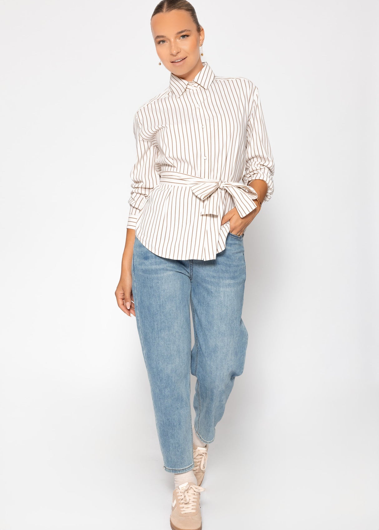 Gestreifte Schluppenbluse - beige