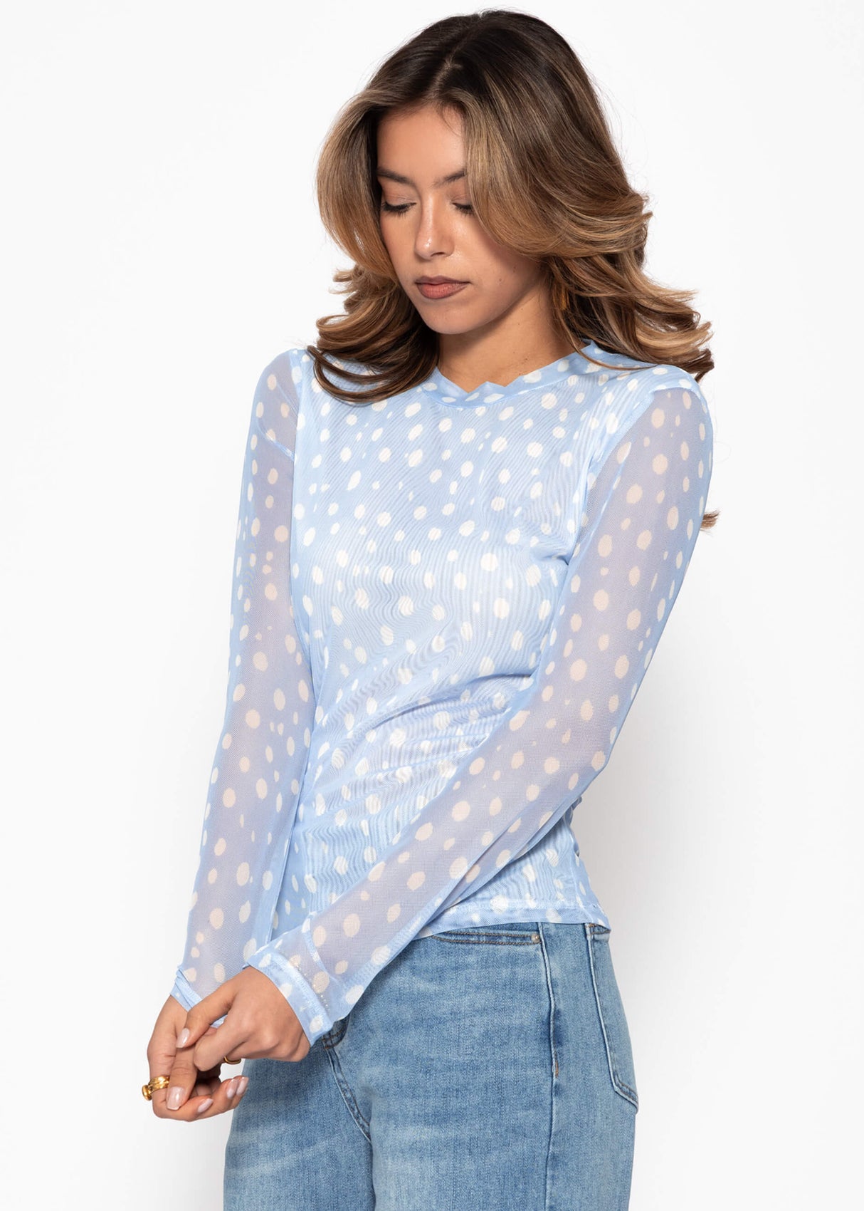 Getupftes Mesh Shirt mit Rundhals - hellblau