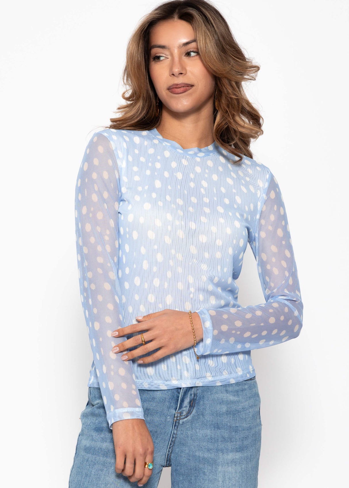 Getupftes Mesh Shirt mit Rundhals - hellblau