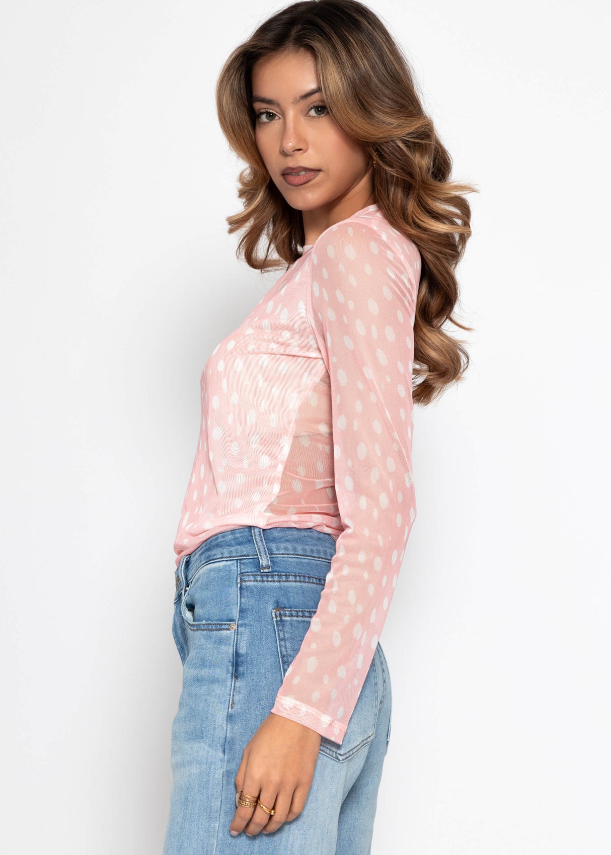 Getupftes Mesh Shirt mit Rundhals - rosa