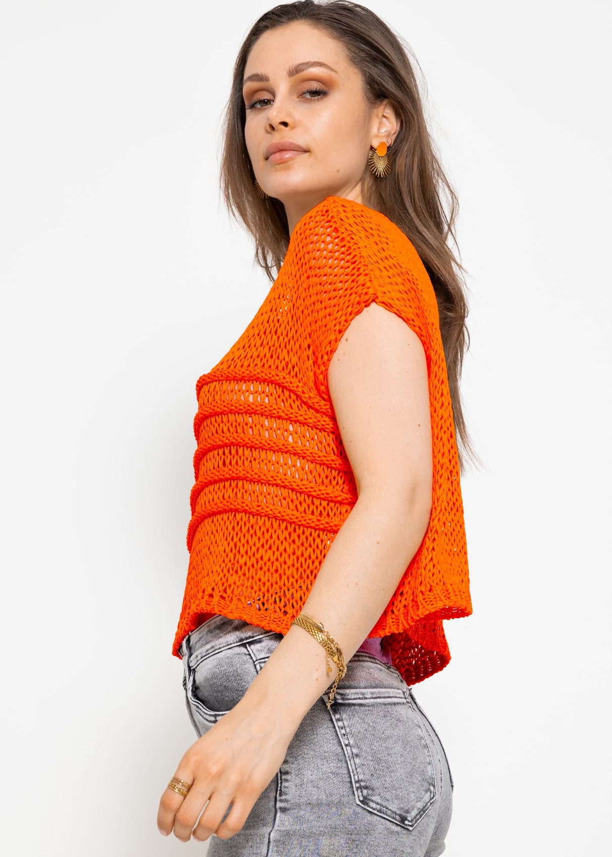 Grobmaschiger Crop Pullover - orange