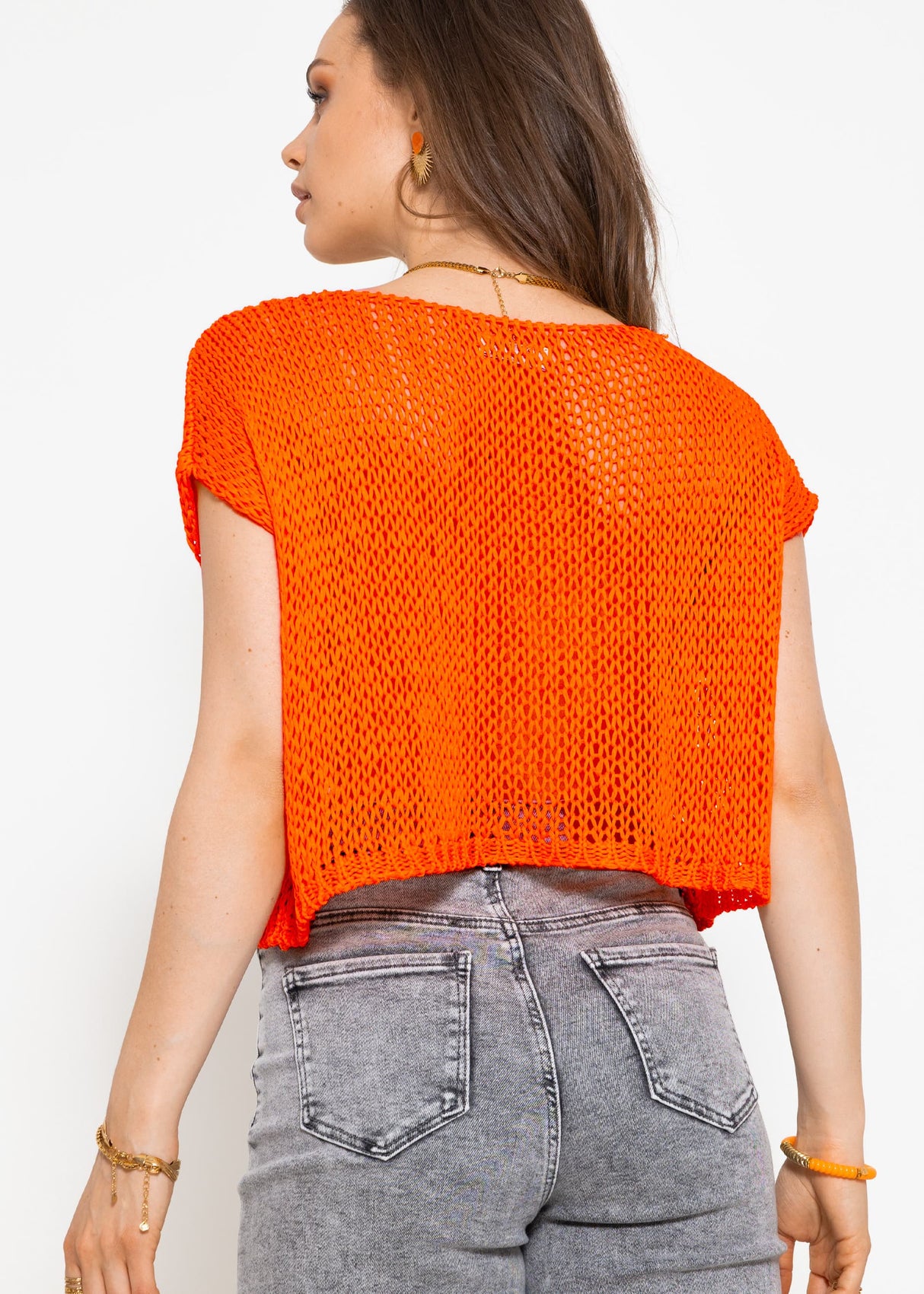 Grobmaschiger Crop Pullover - orange