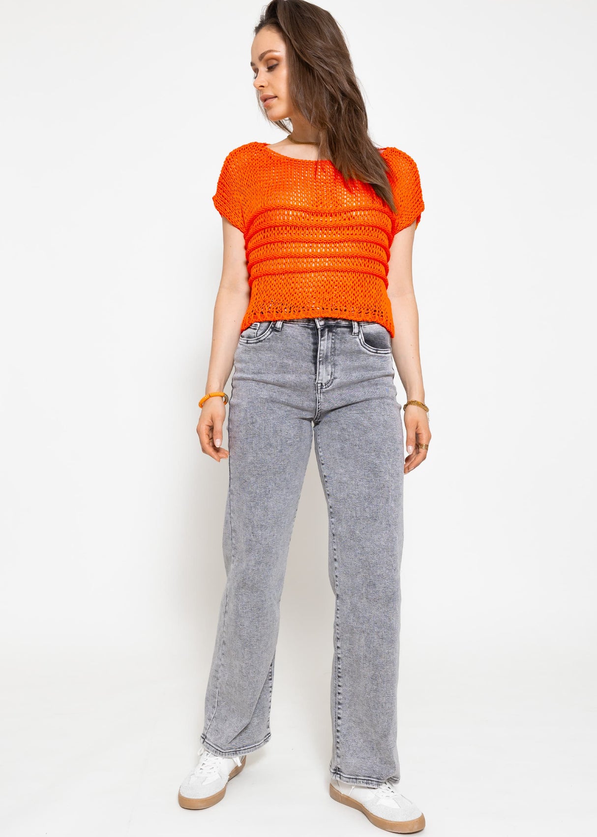 Grobmaschiger Crop Pullover - orange
