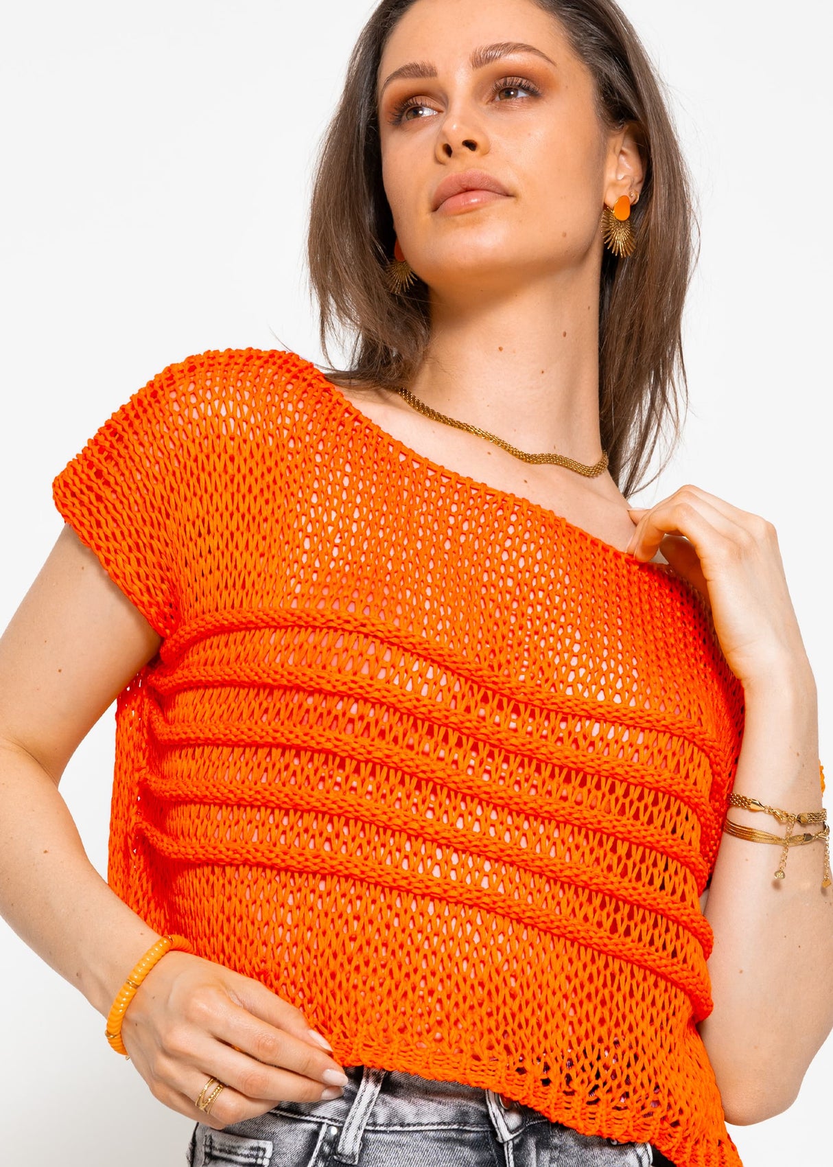 Grobmaschiger Crop Pullover - orange