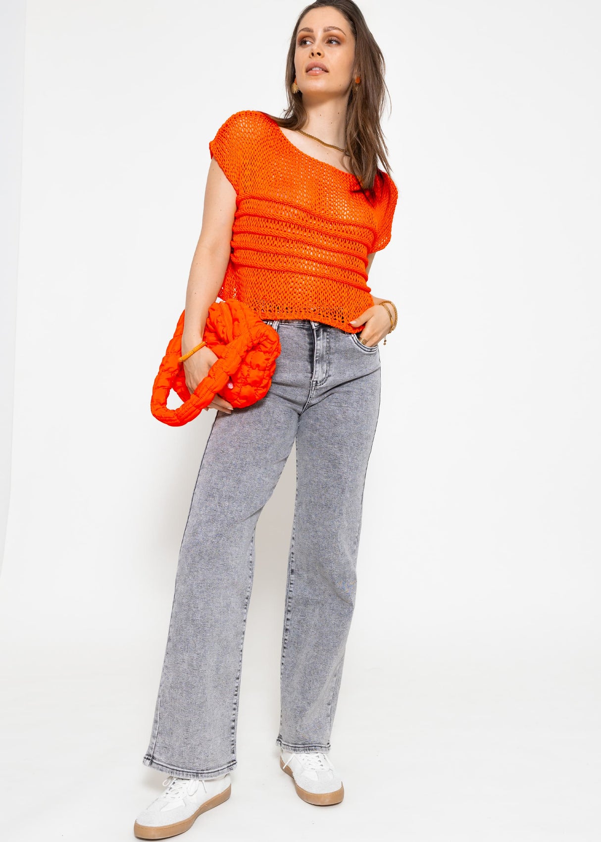 Grobmaschiger Crop Pullover - orange