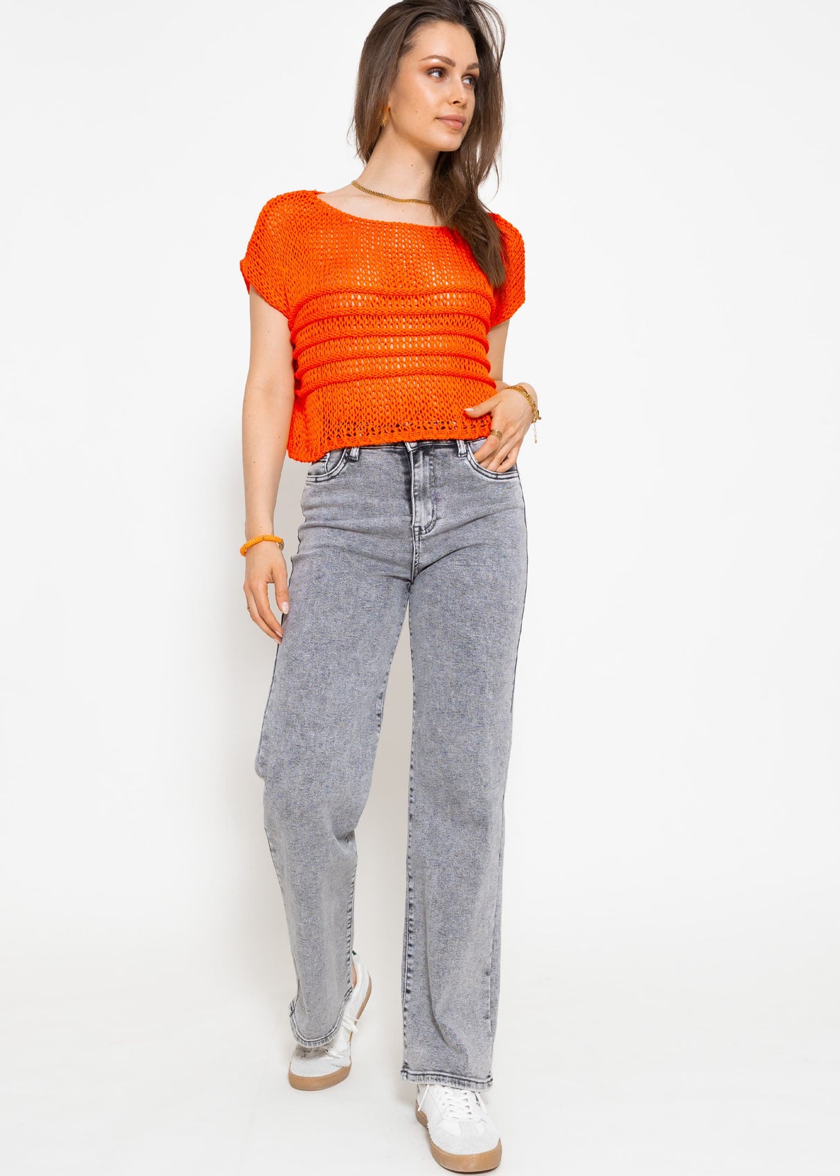 Grobmaschiger Crop Pullover - orange