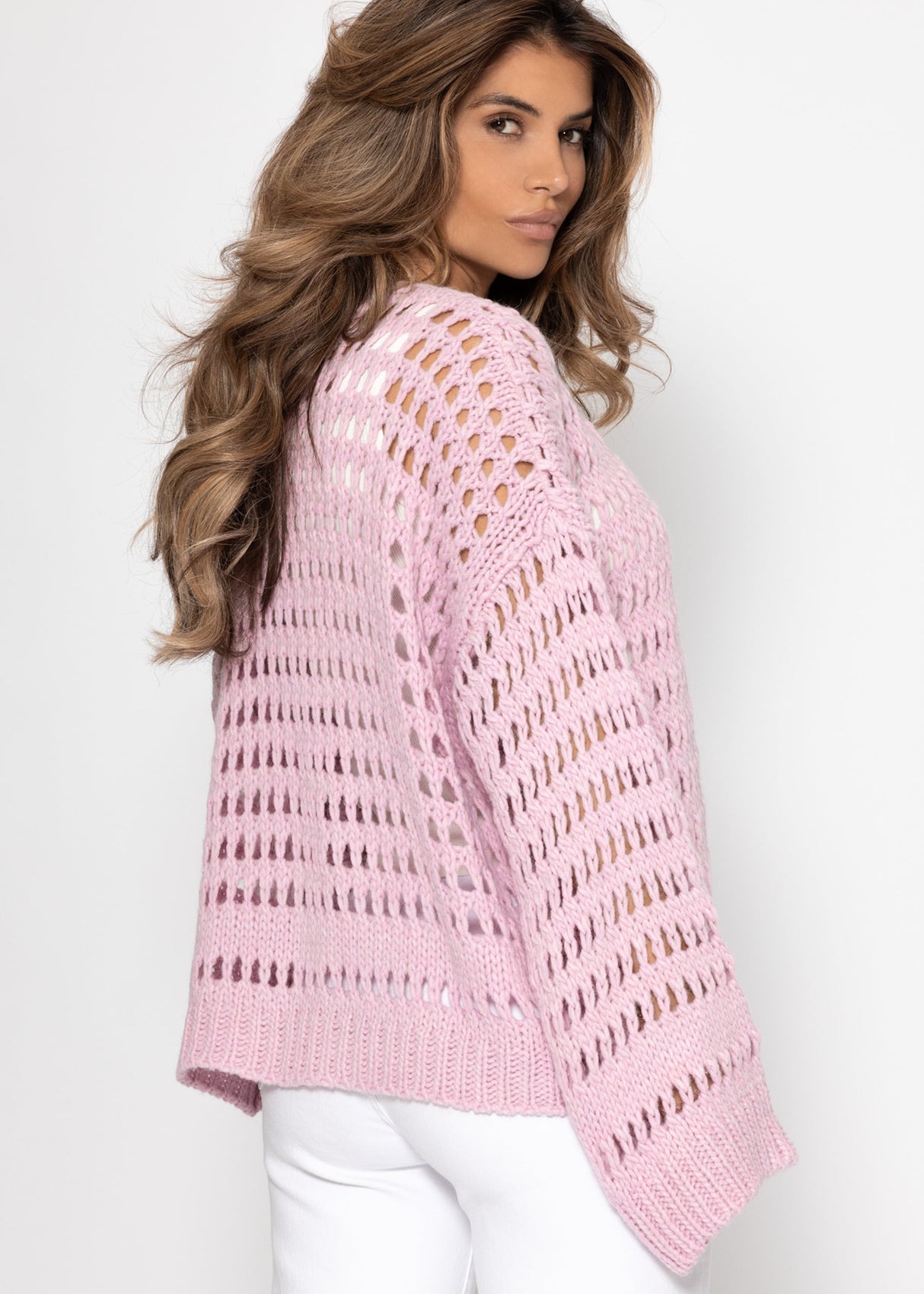 Lässige Strickjacke mit Lochstrickmuster - rosa