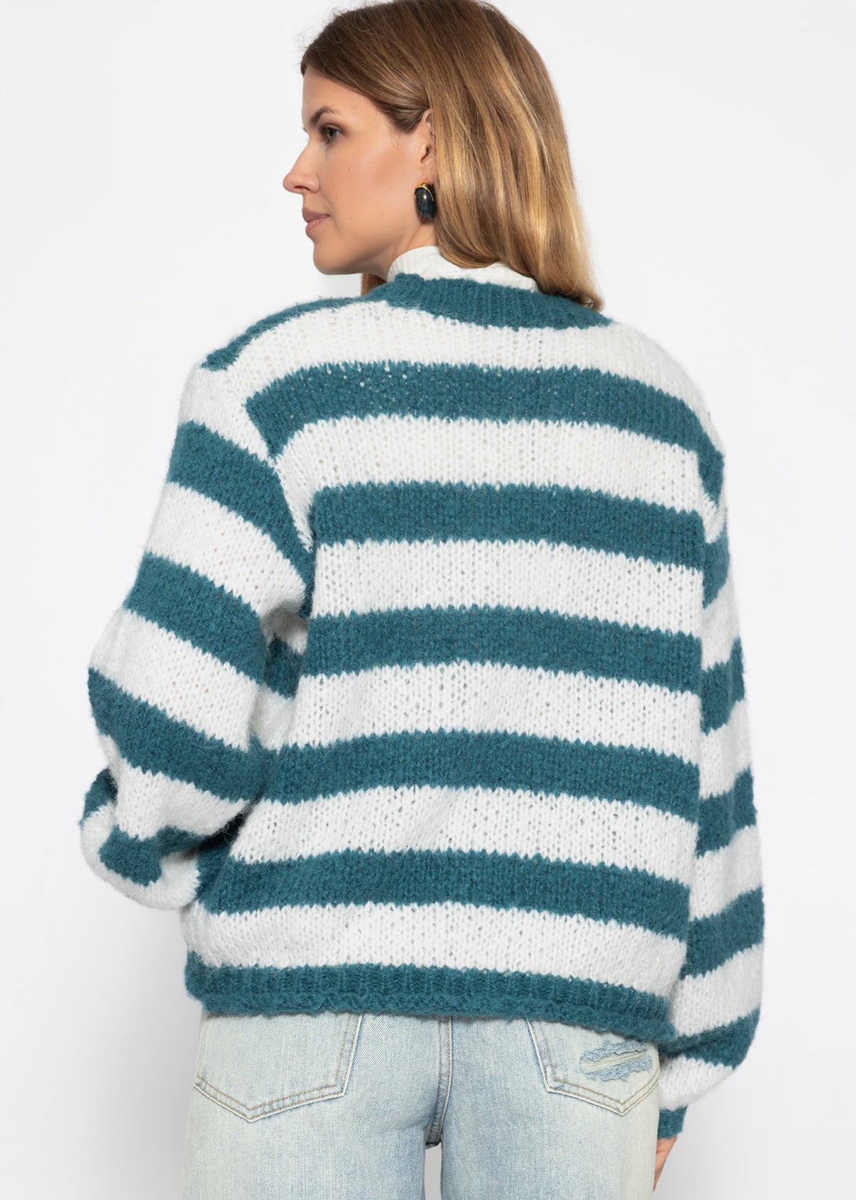 Gestreifter Grobstrickpullover - petrol-offwhite