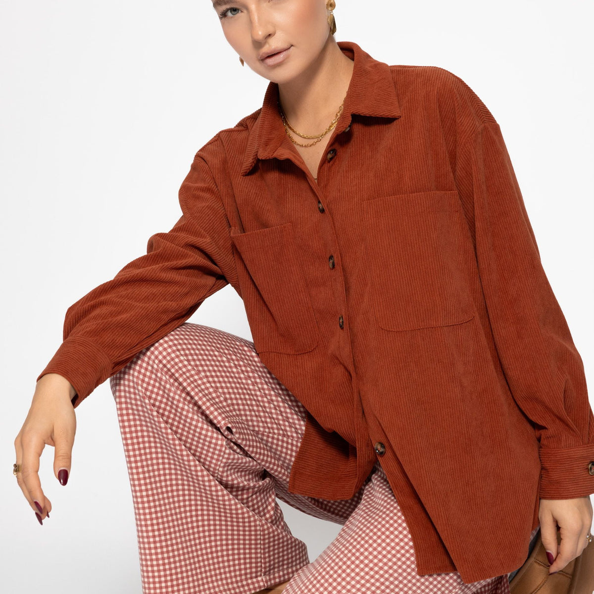 Cord Oversized Hemdjacke Damen Hemdjacke Aus Cord Rostrot