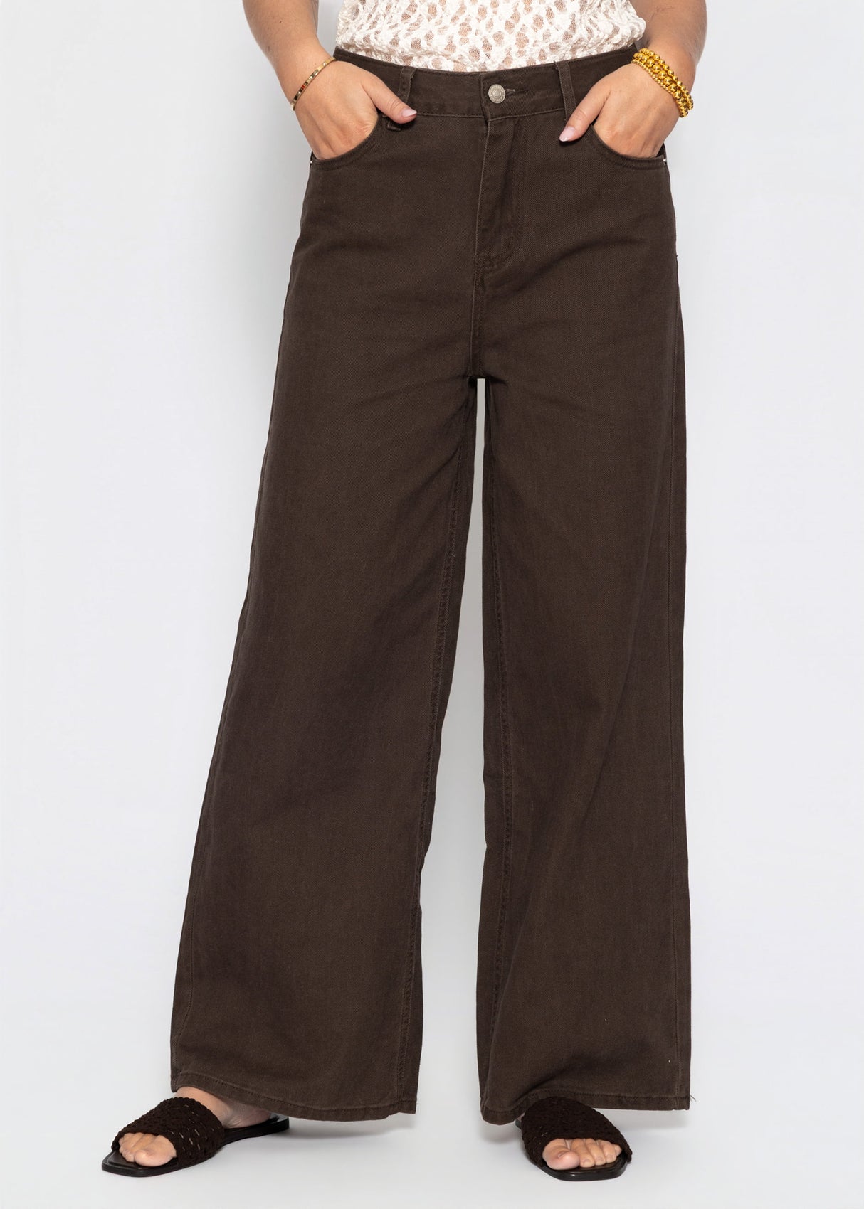 Highwaist Baumwoll-Hose mit weitem Bein - braun