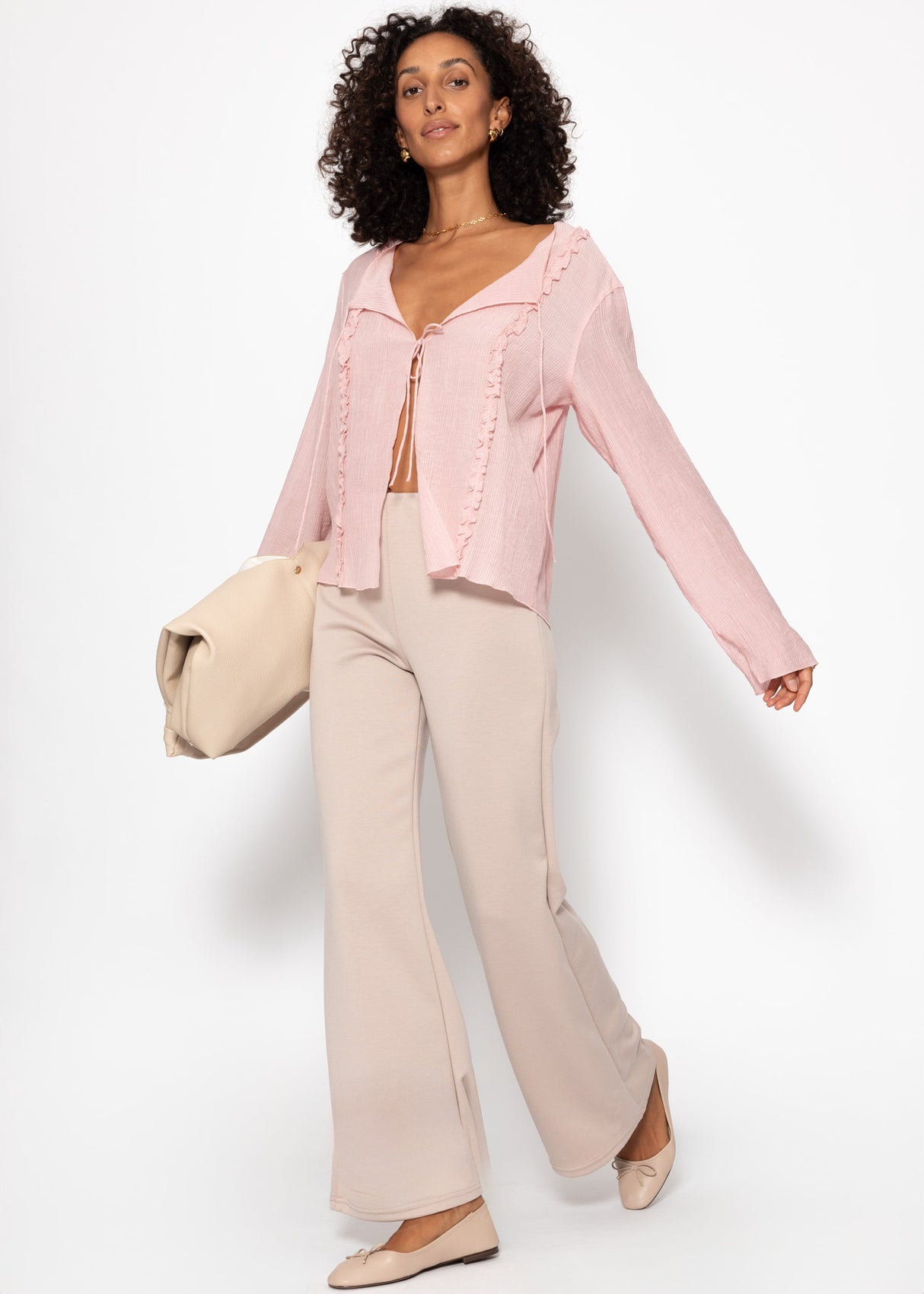 Highwaist pants with straight leg and decorative stitching - beige