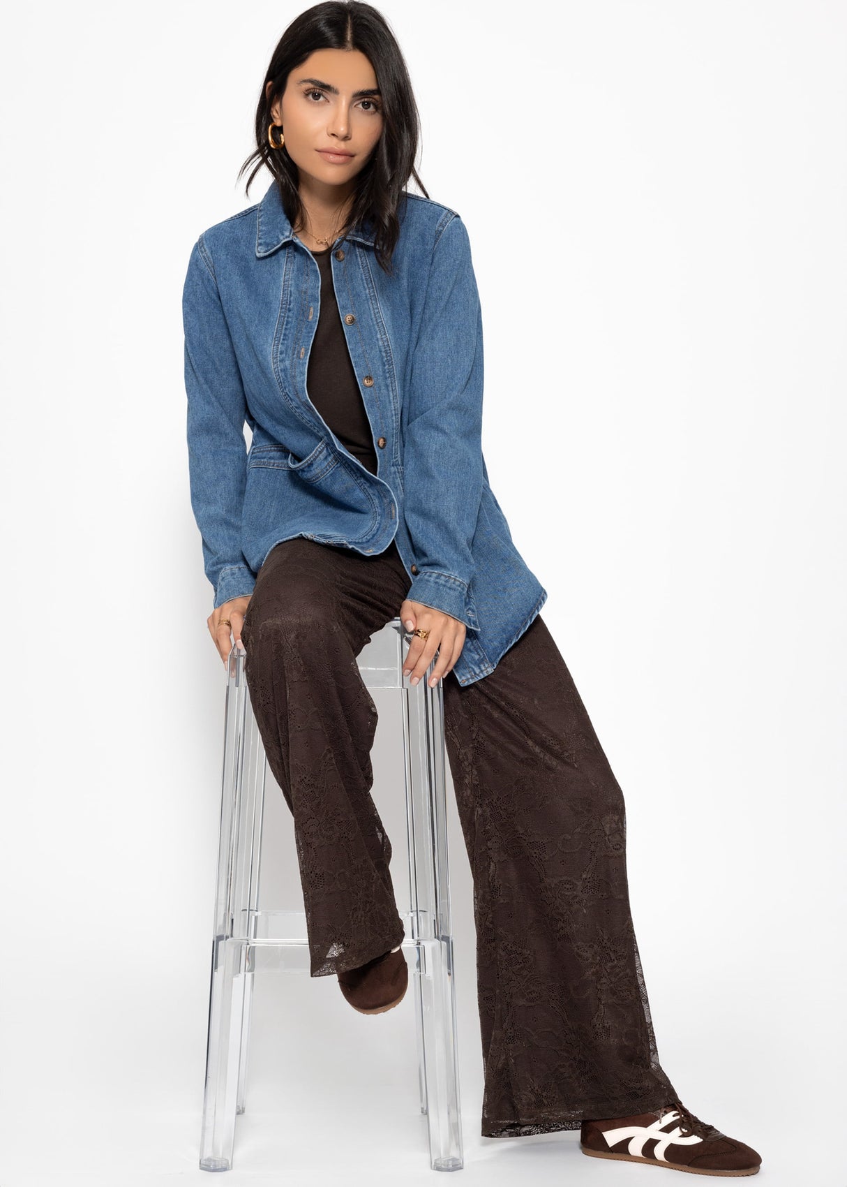 Hose aus Spitze mit weitem Bein - braun