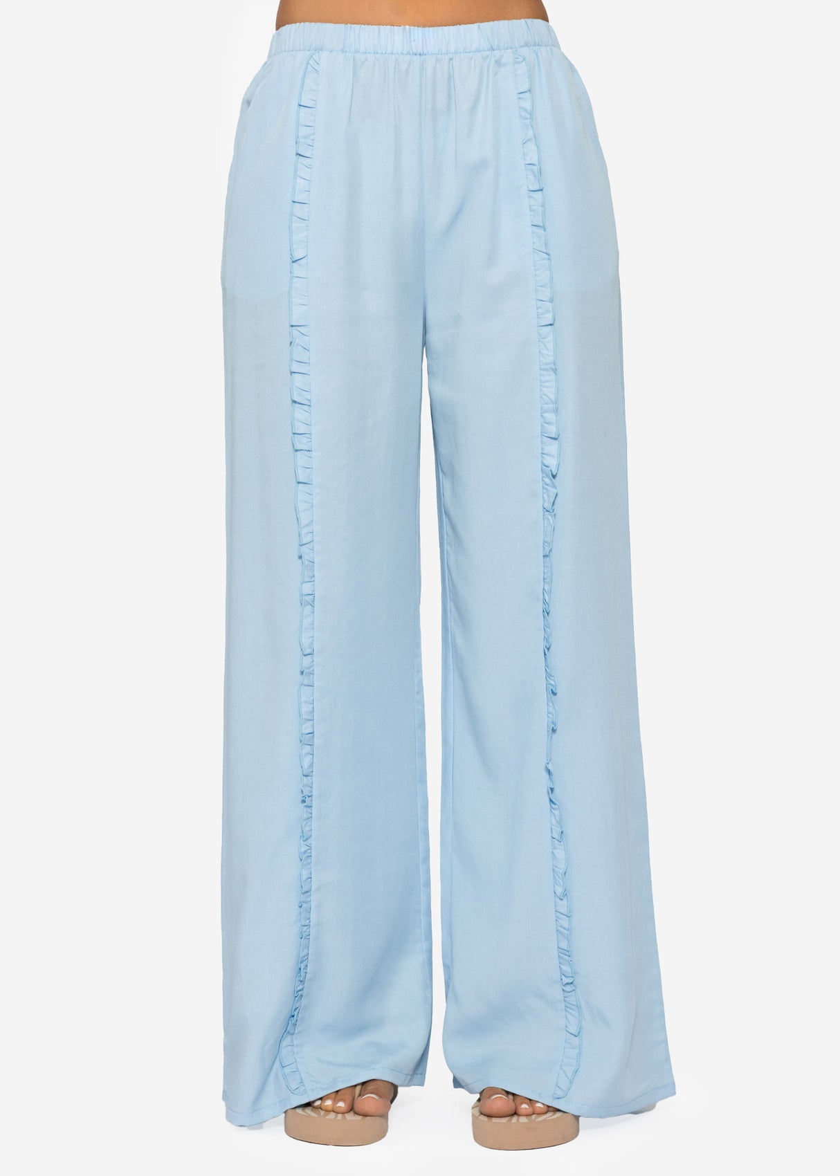 Hose mit weitem Bein und Rüschendetail - hellblau