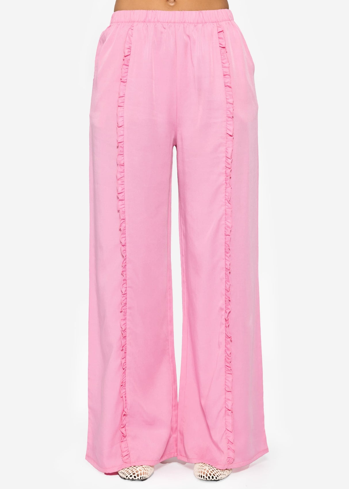 Hose mit weitem Bein und Rüschendetail - rosa