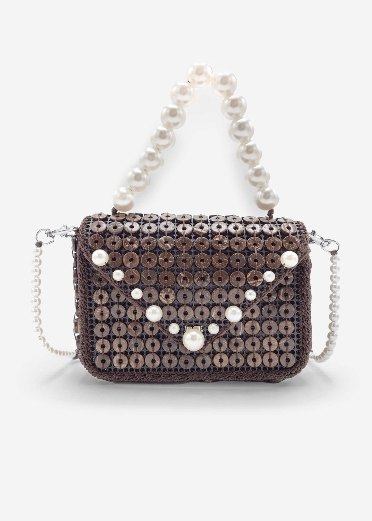 Kleine Tasche mit weißem Perlen-Henkel - dunkelbraun