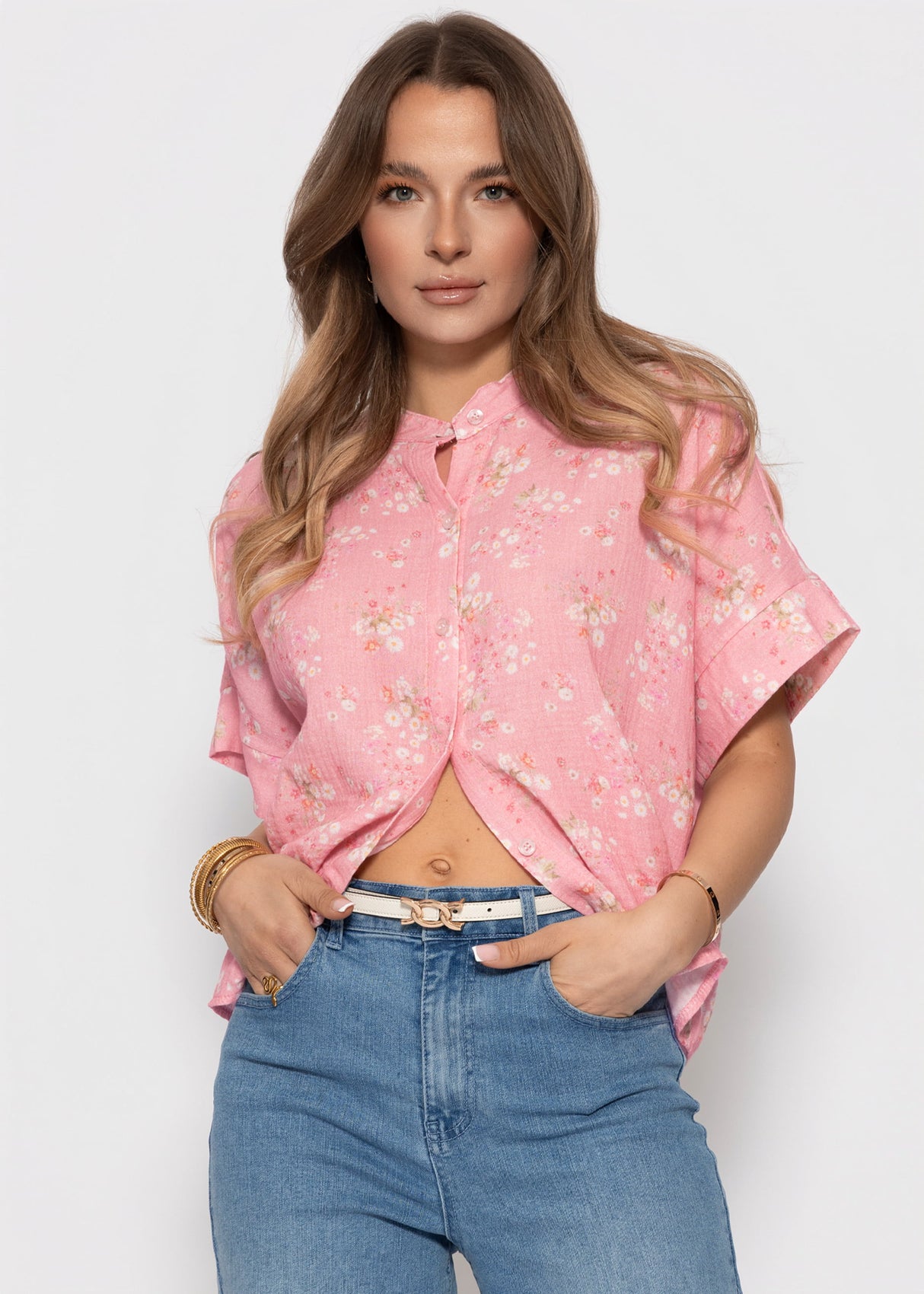 Kurzarm Musselin Bluse mit Blumenprint - rosa