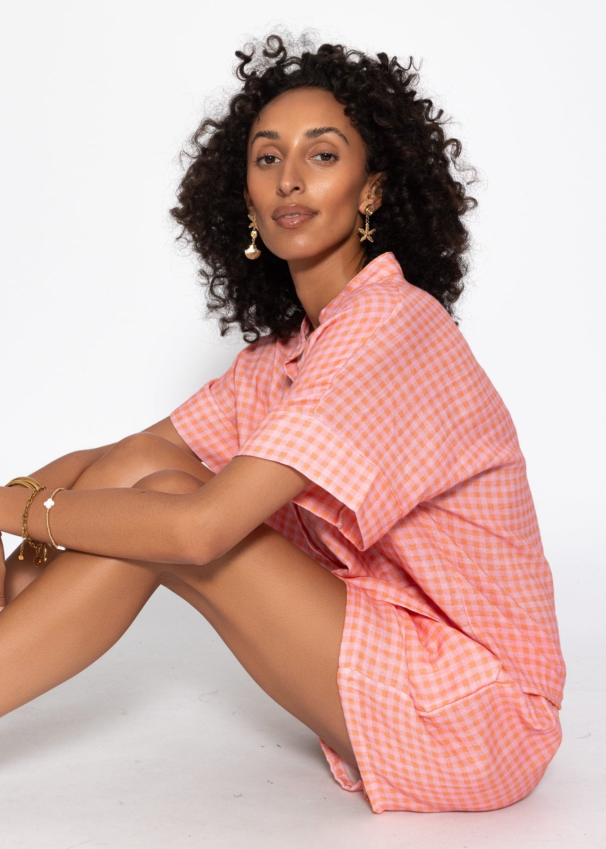 Kurzarm Musselin Bluse mit Vichy-Print - koralle