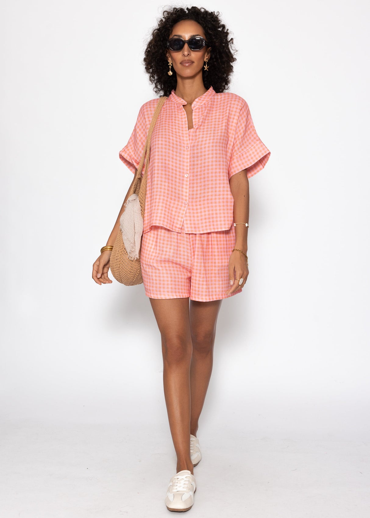 Kurzarm Musselin Bluse mit Vichy-Print - koralle