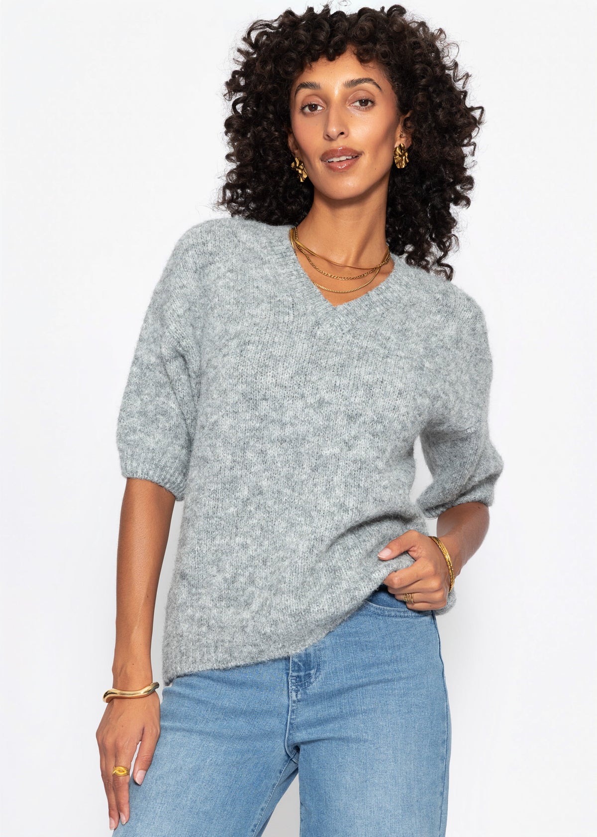 Kurzarm-Strickpullover mit V-Ausschnitt - hellgrau