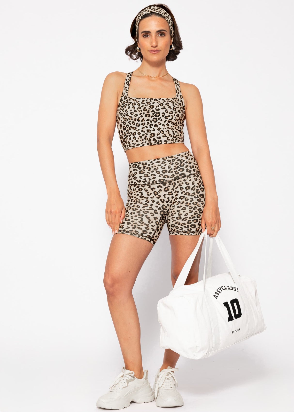 Kurze Sportleggings mit Leo-Print - beige