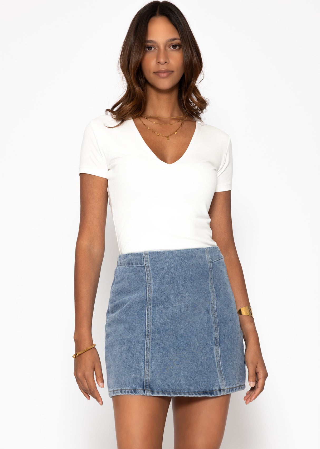 Kurzer Jeans Rock mit Teilungsnähten - hellblau