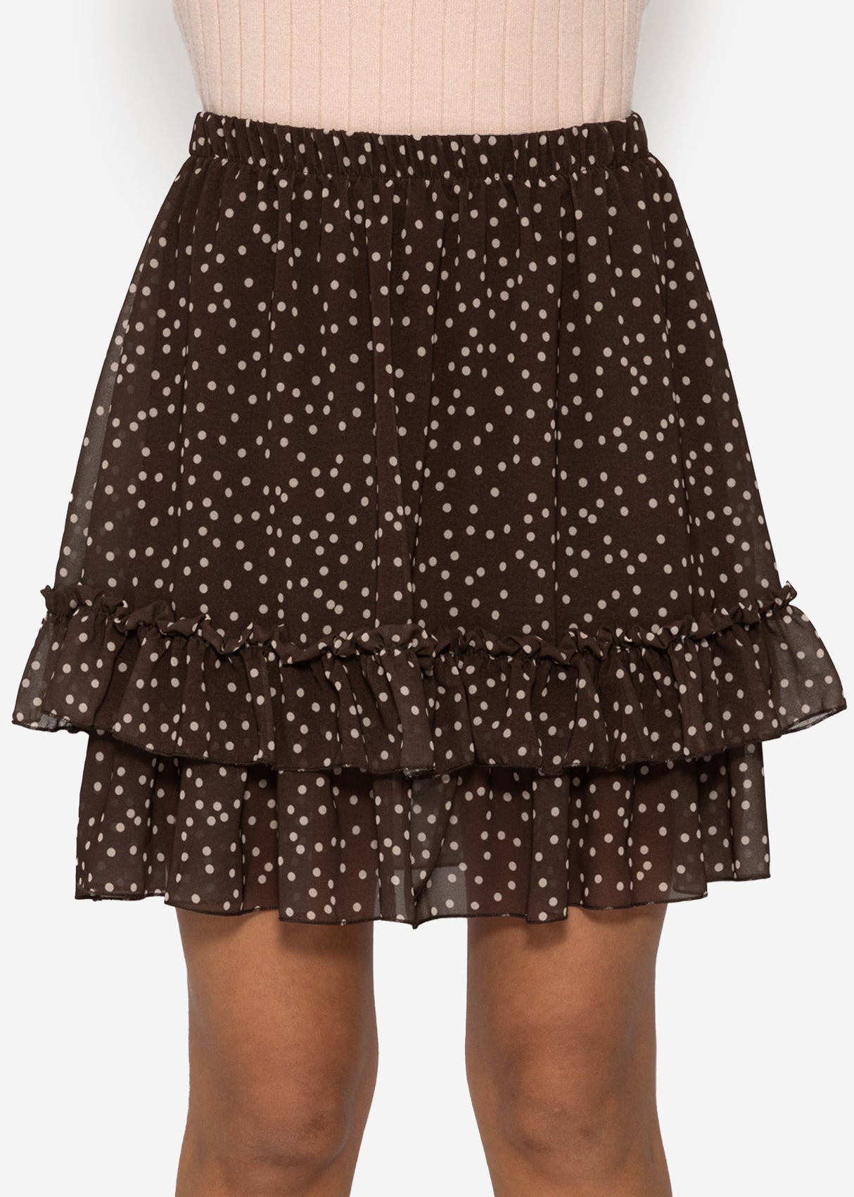 Short flounce skirt with dots - brown