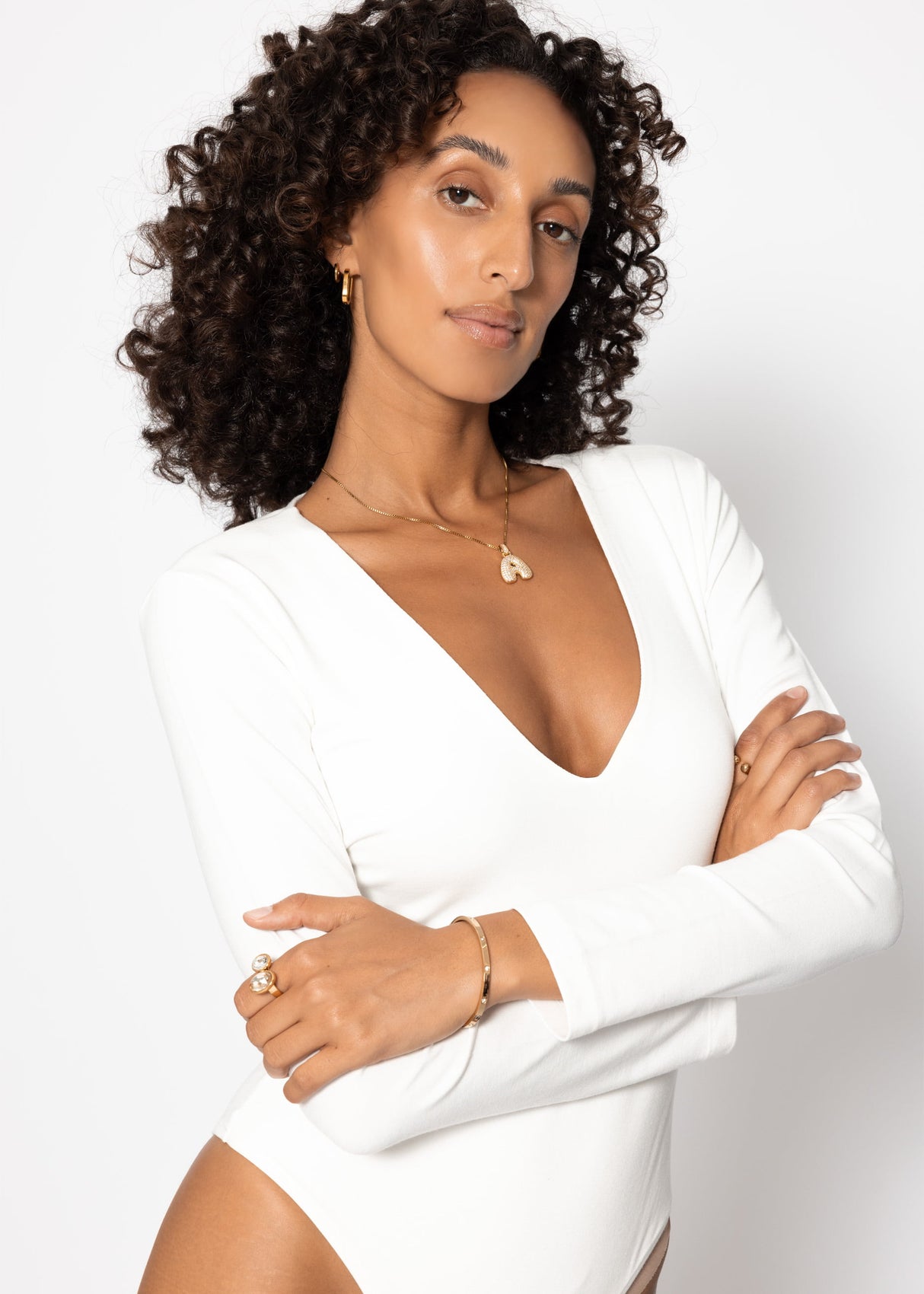 Langarm Body mit V-Ausschnitt - weiß