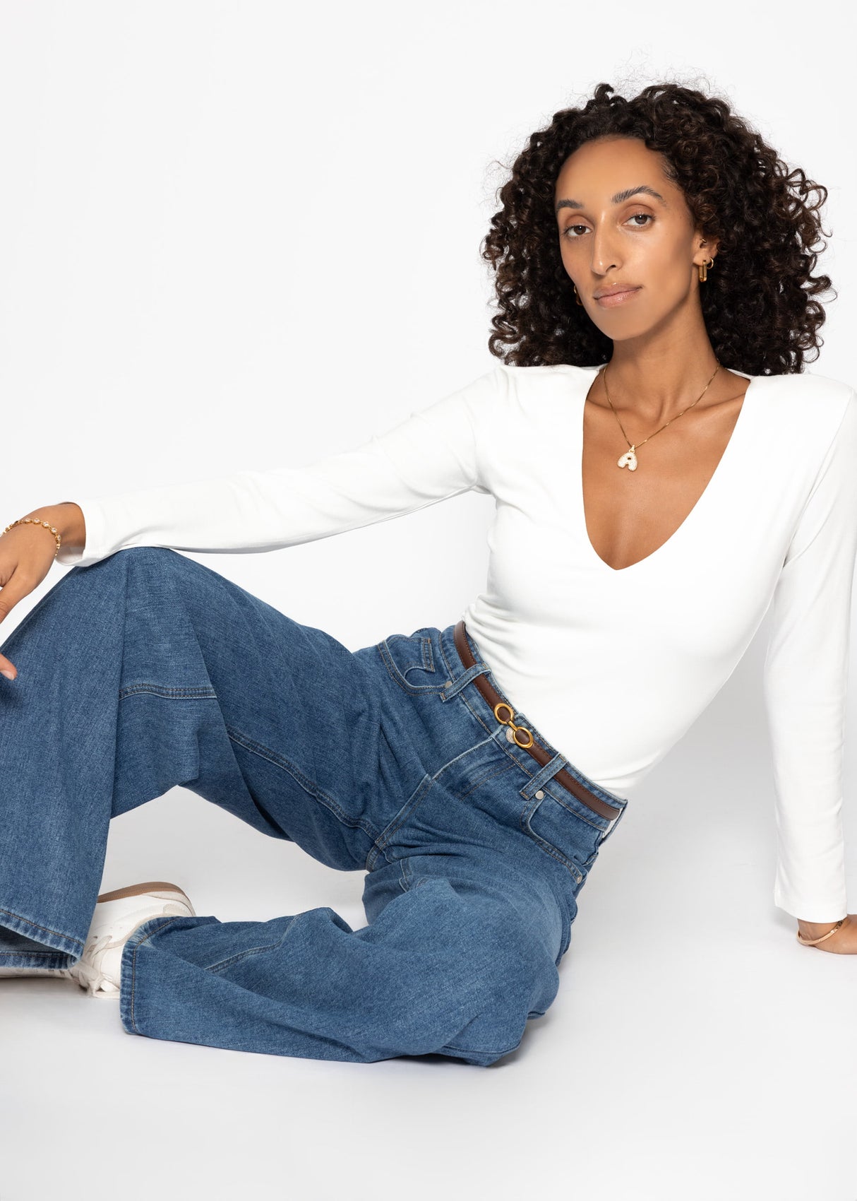 Langarm Body mit V-Ausschnitt - weiß