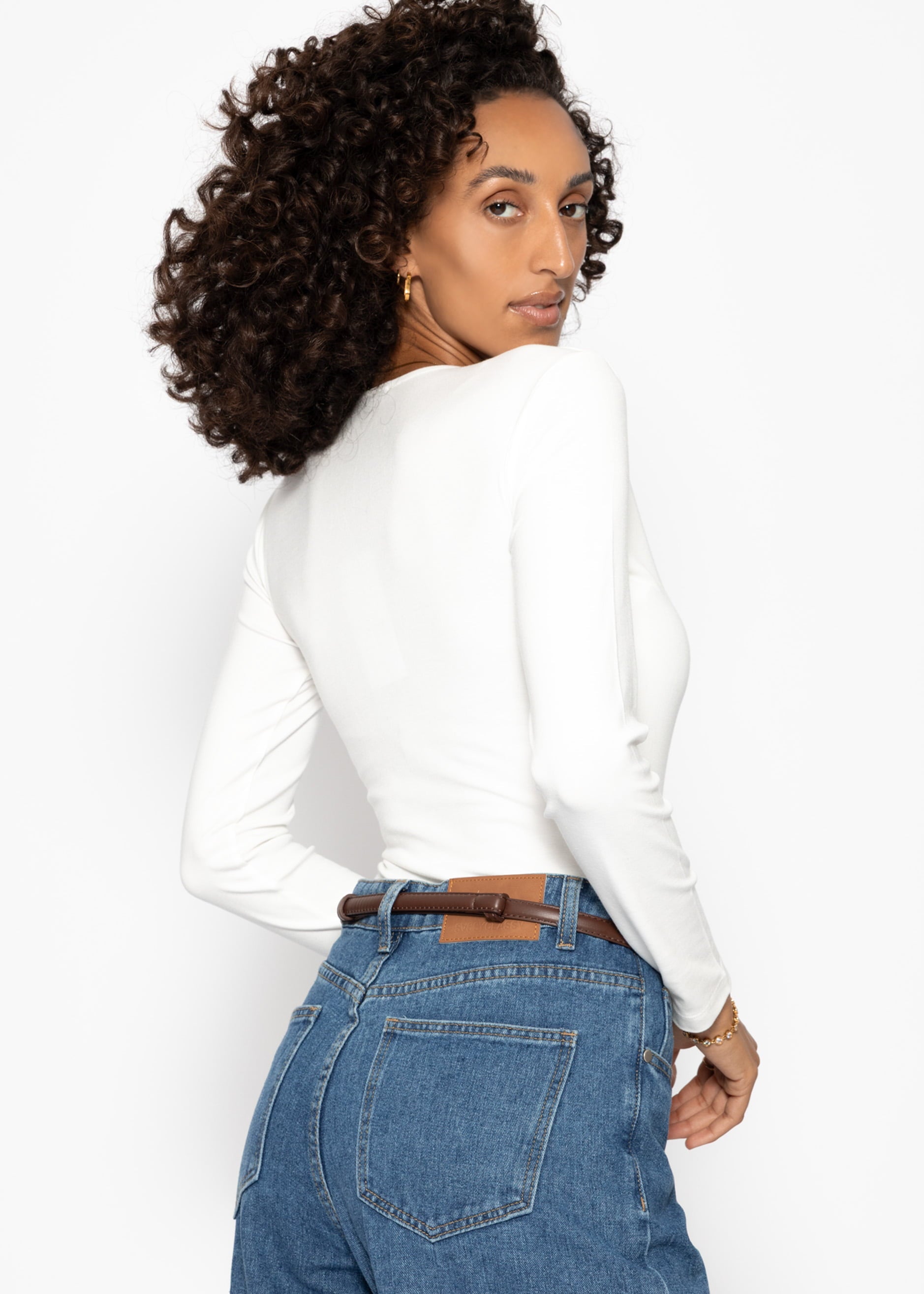 Langarm Body mit V-Ausschnitt - weiß