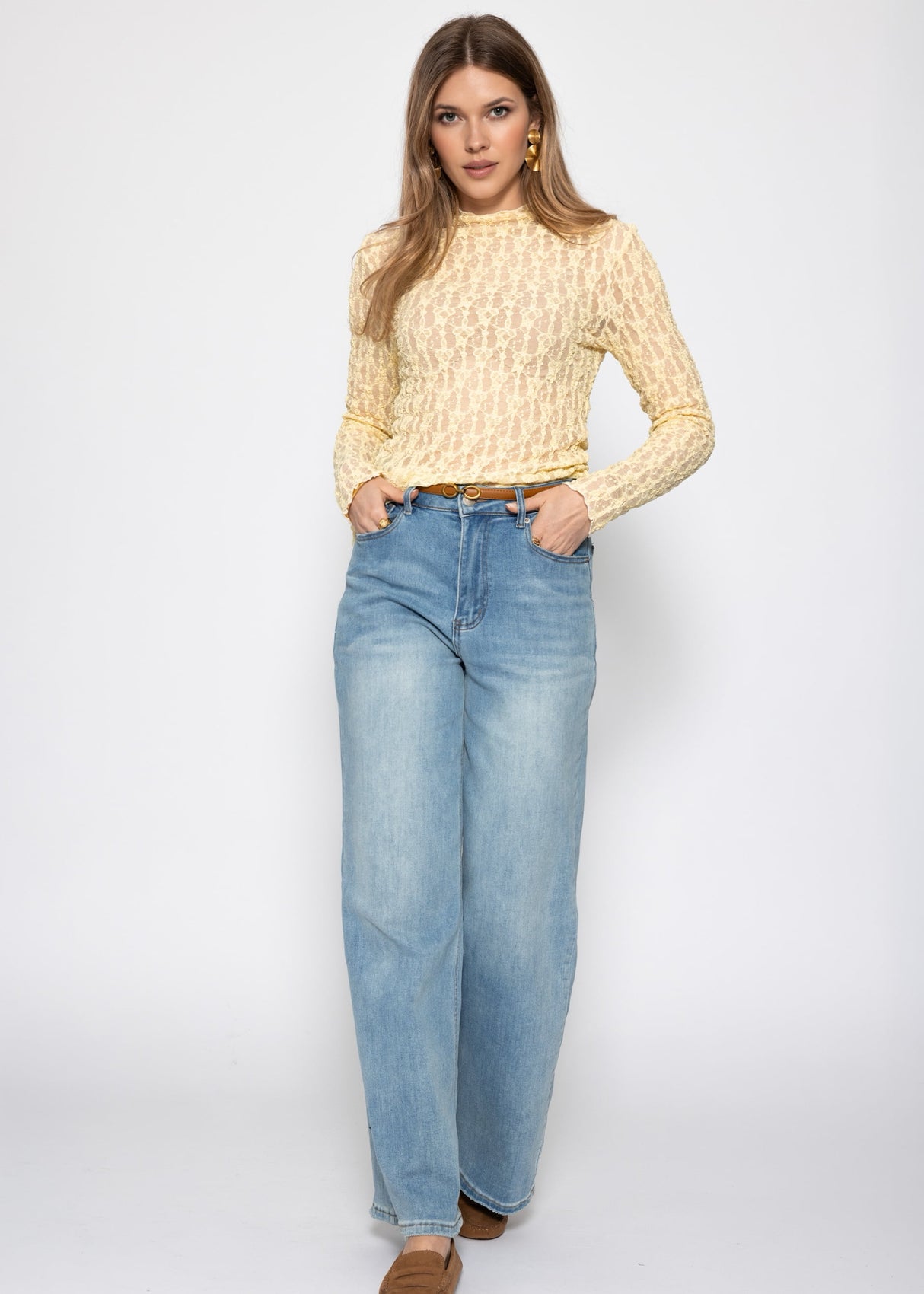 Langarm Spitzenshirt - buttergelb