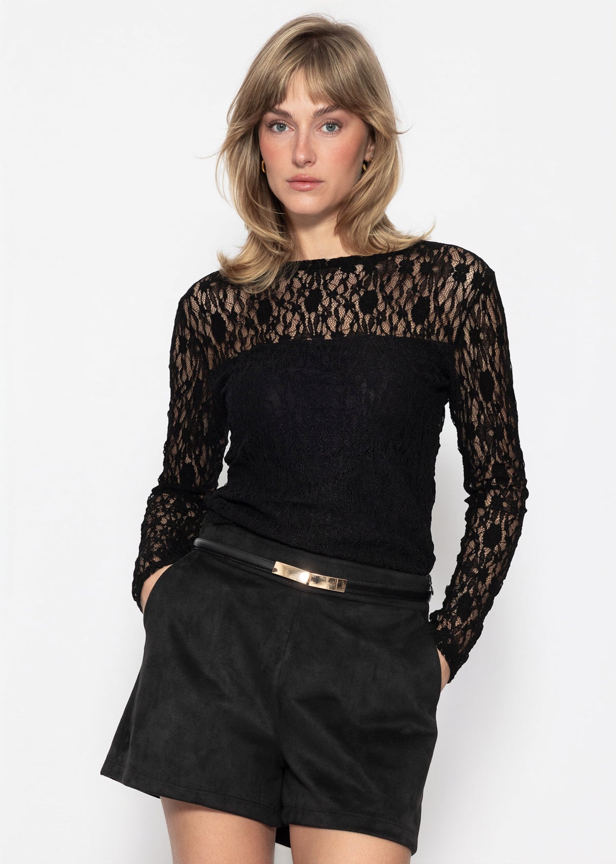 Langarm-Spitzenshirt mit integriertem Top-Bereich - schwarz