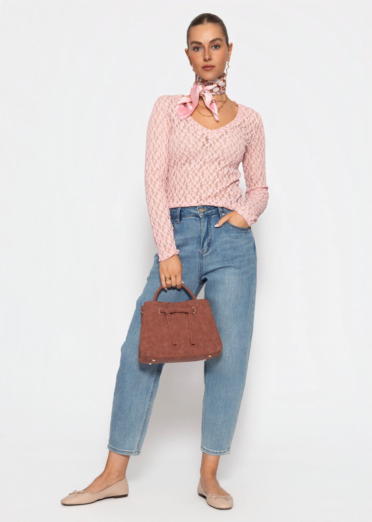 Langarm Spitzenshirt mit V-Ausschnitt - rosa