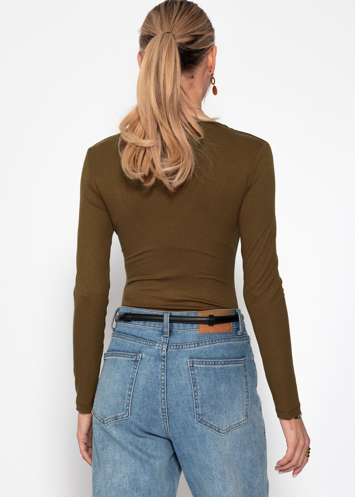 Long-sleeved bodysuit with V-neck - khaki