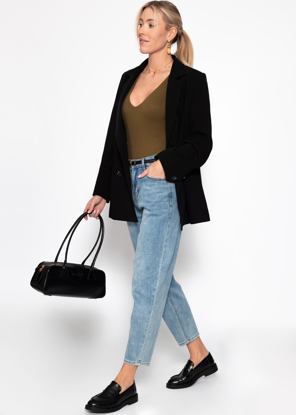 Long-sleeved bodysuit with V-neck - khaki