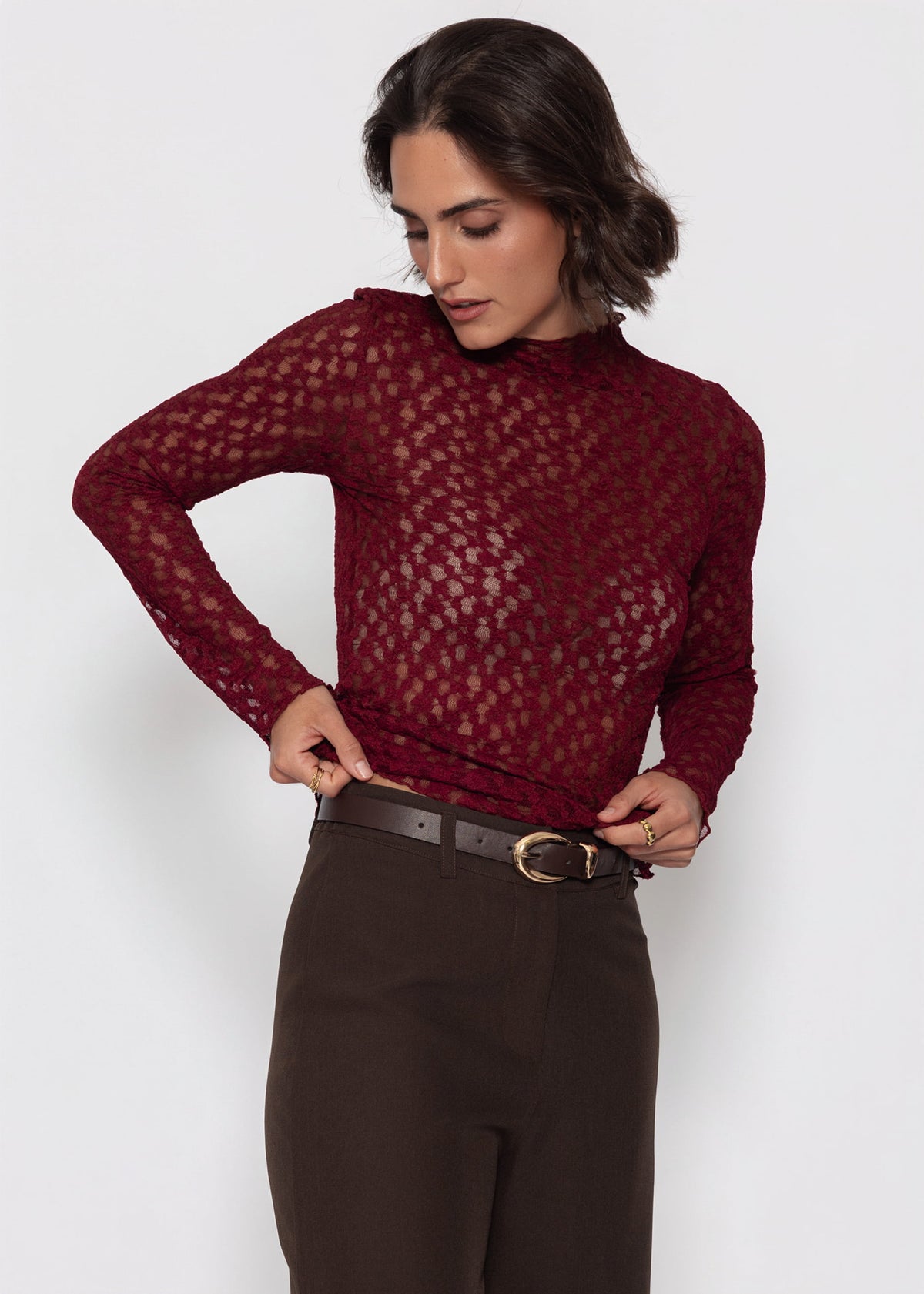 Langarmshirt aus Spitze - burgundy